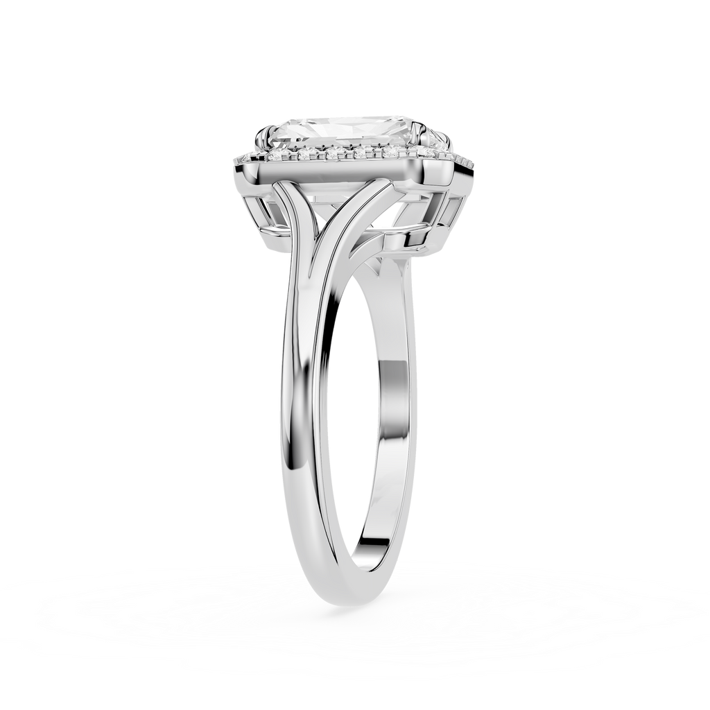 Diamond ring with a white gold band on a white background