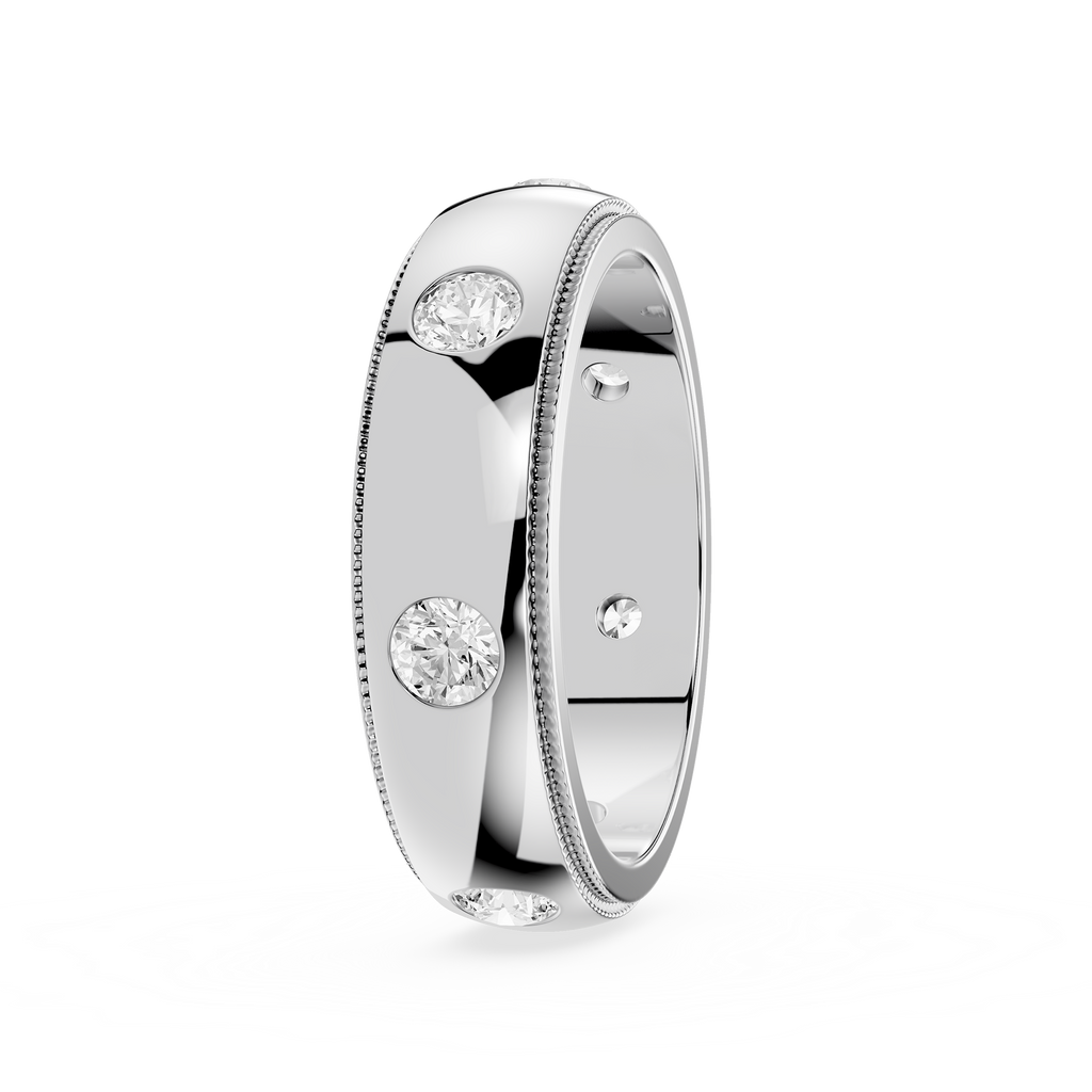Silver ring with embedded diamonds on a white background