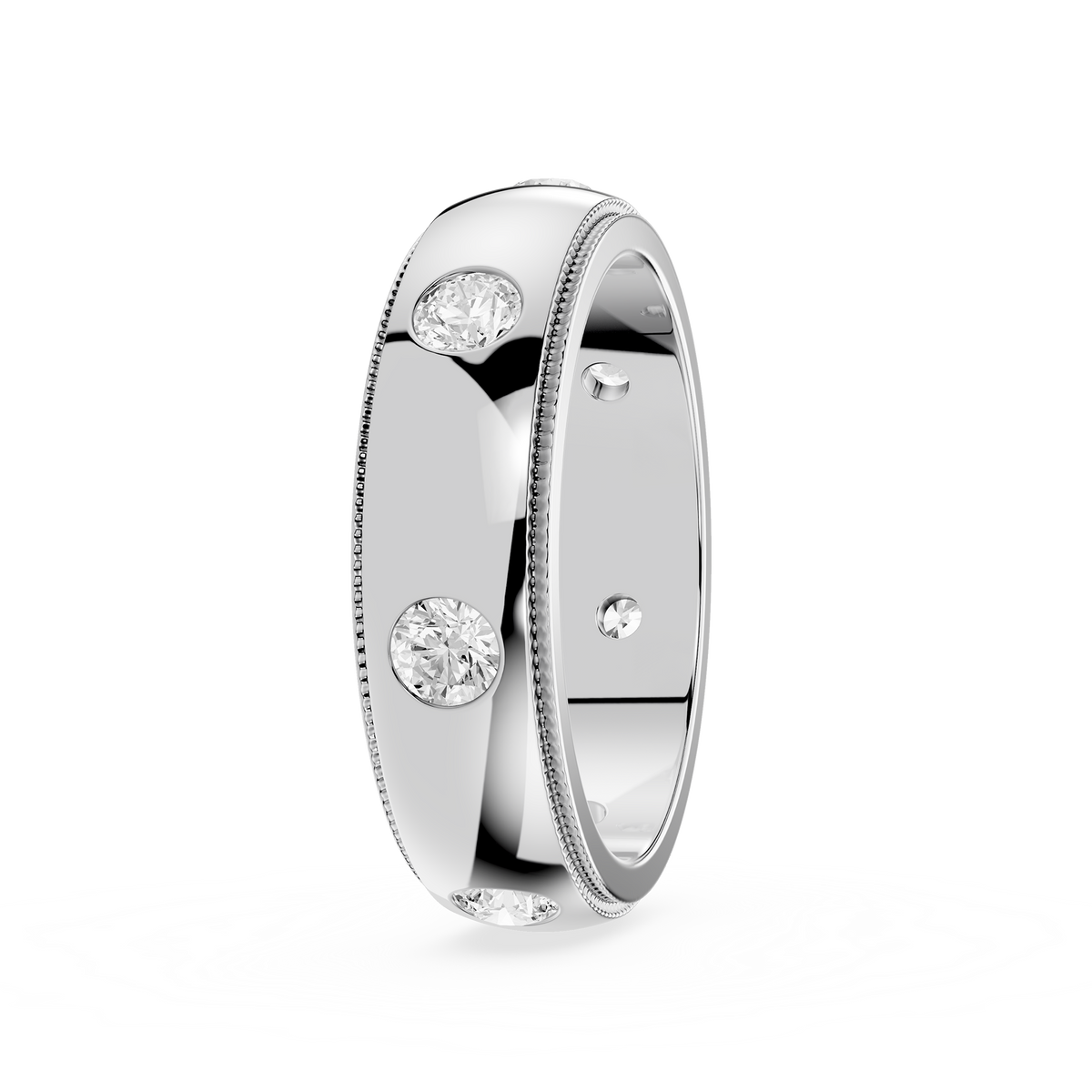 Side View Of White  Gold Round Flush Set Lab Grown Diamond Wedding Band