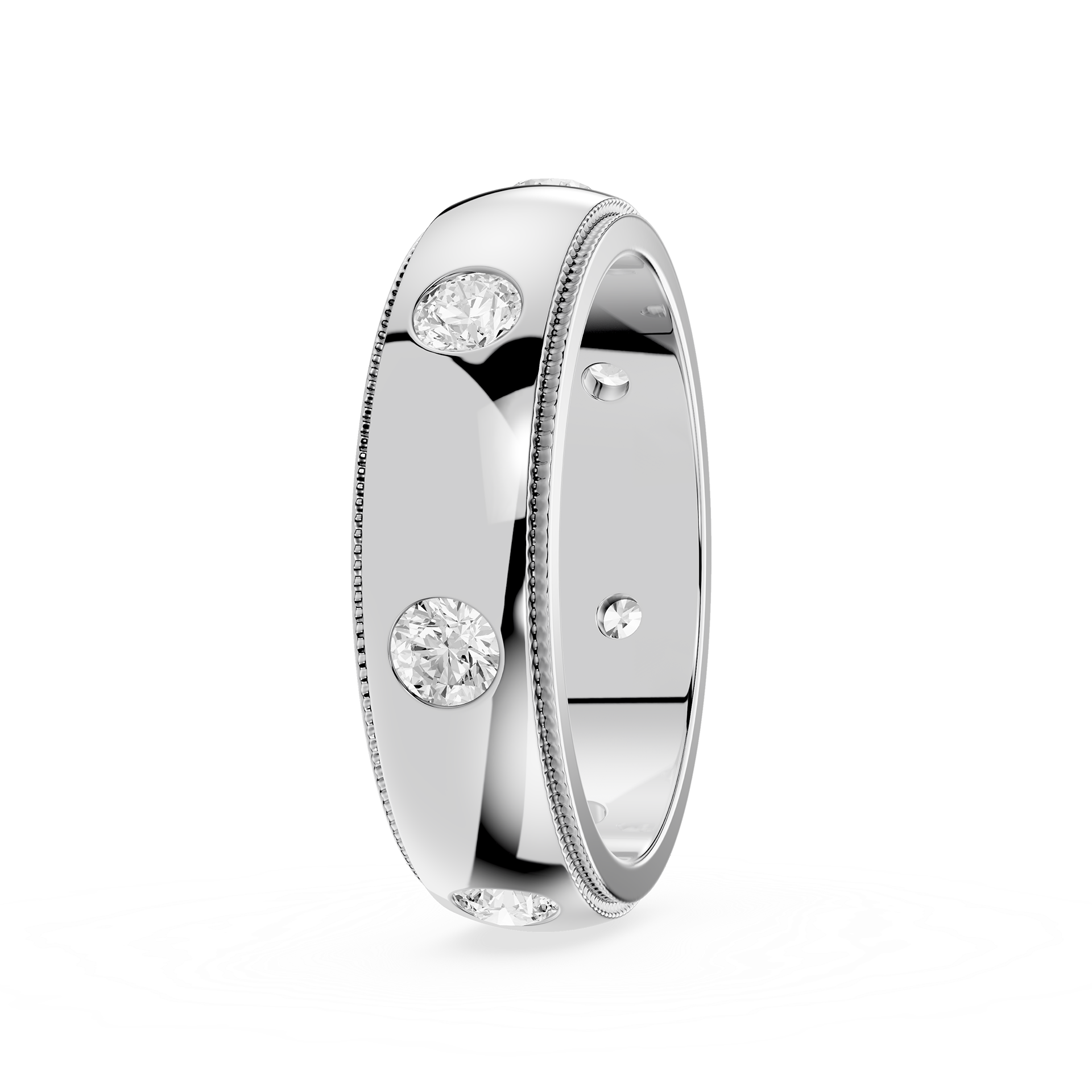 Silver ring with embedded diamonds on a white background