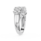 A silver-toned split-shank ring with a prominent cluster of round-cut diamonds at the top, shown on a clean white background.