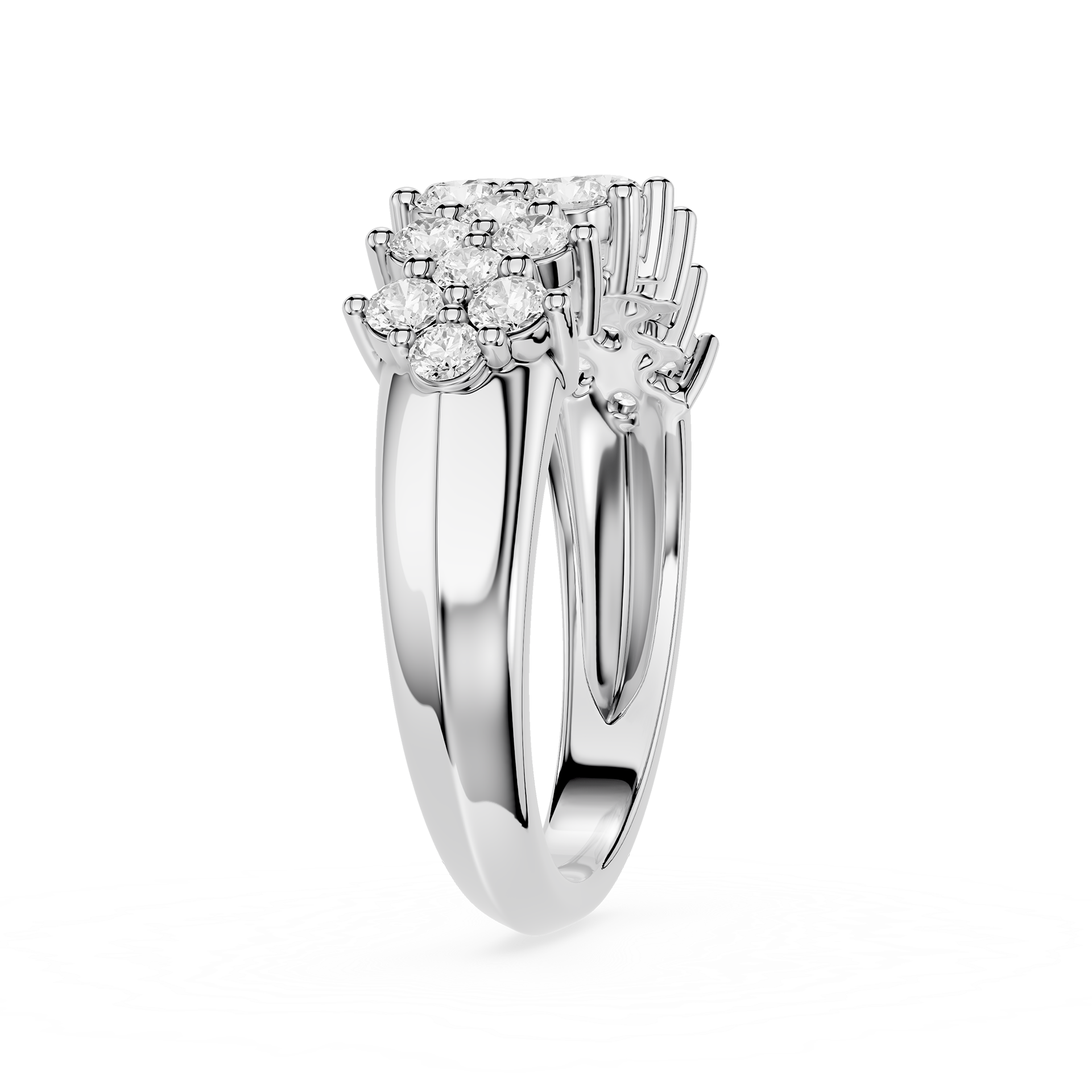 A silver-toned split-shank ring with a prominent cluster of round-cut diamonds at the top, shown on a clean white background.