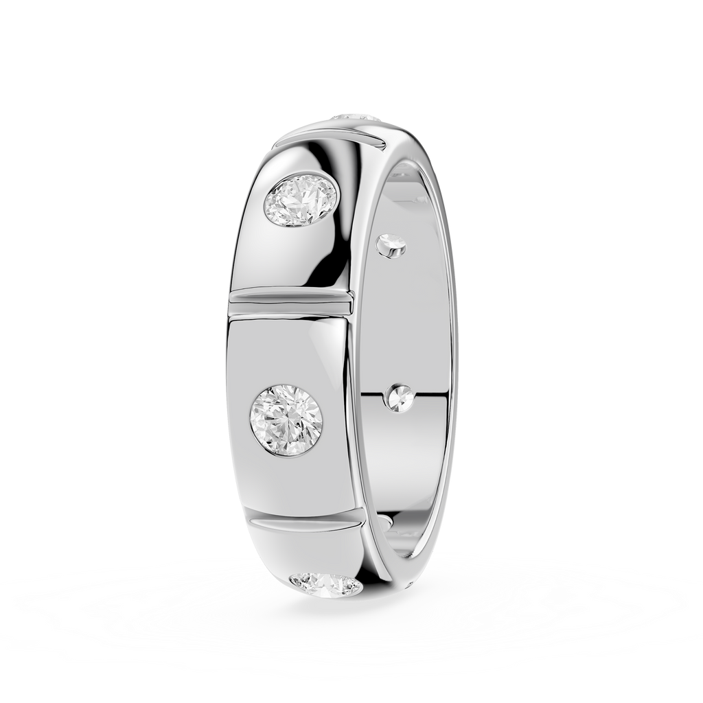 Silver ring with two diamonds on a white background