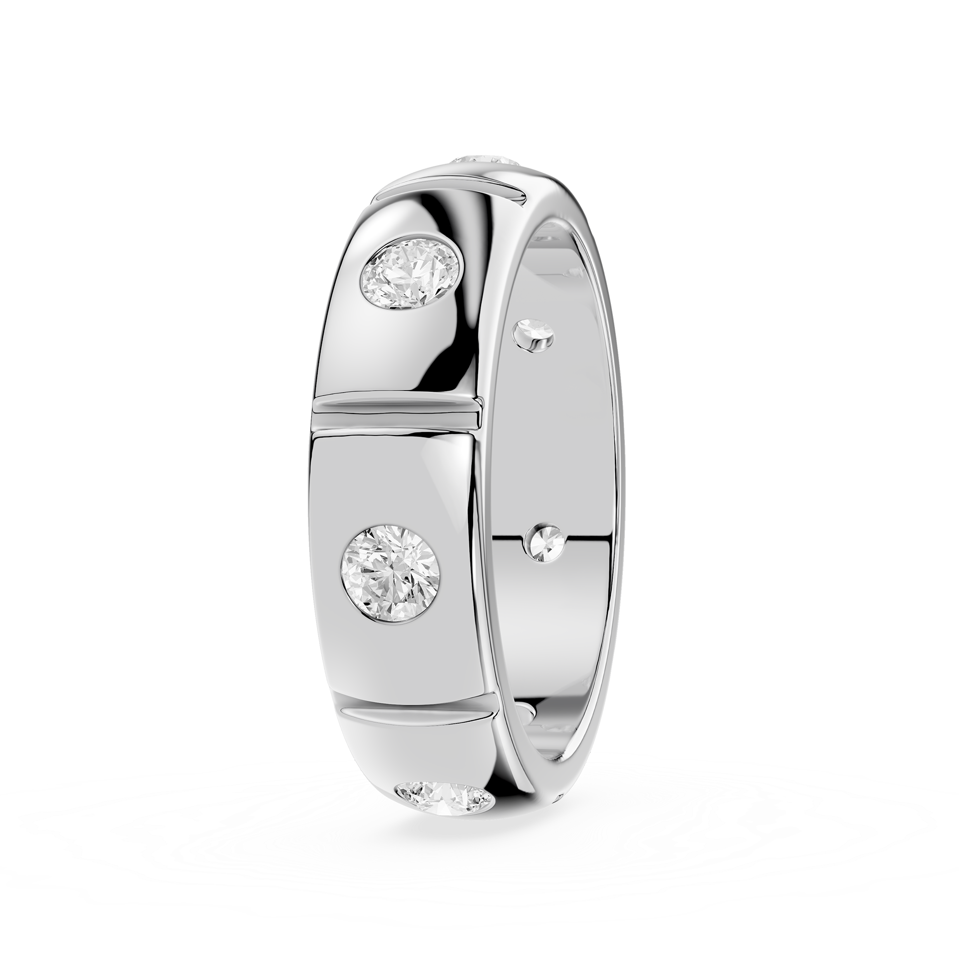 Silver ring with two diamonds on a white background