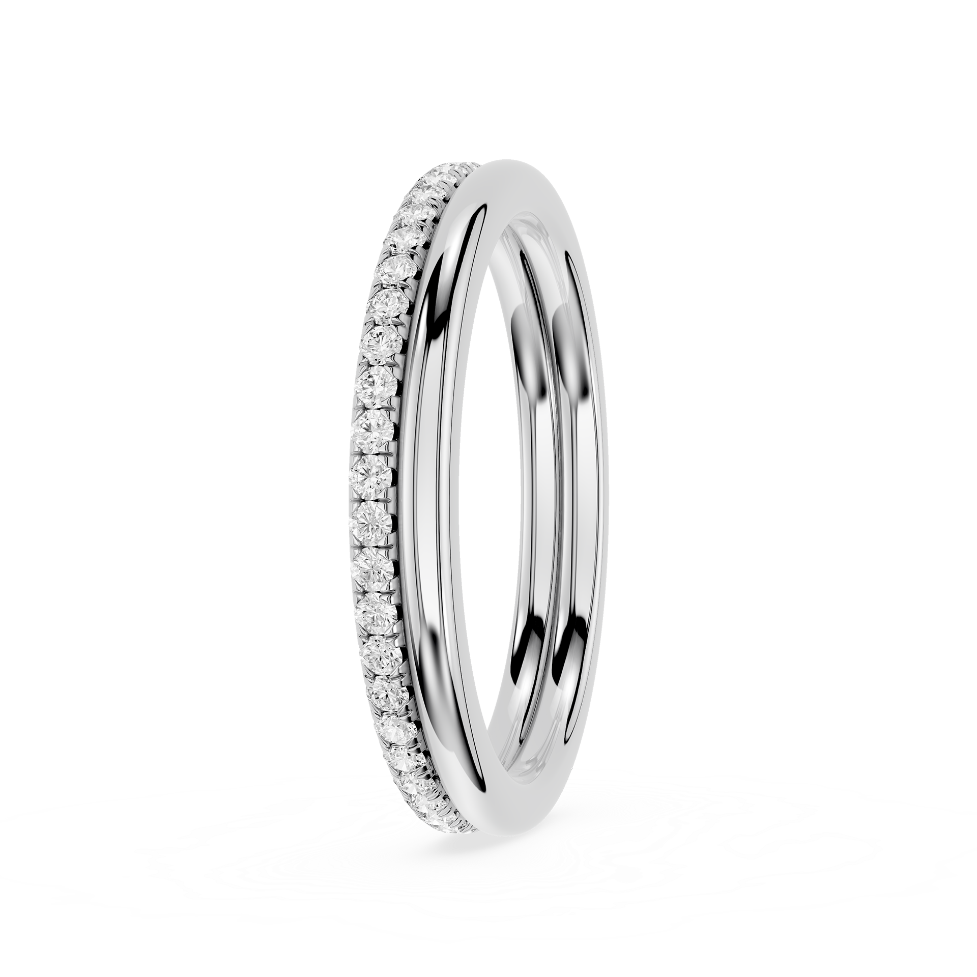 A polished silver-tone eternity ring featuring a half-channel diamond setting on one side and a smooth, polished inner channel on the other, shown on a clean white background.