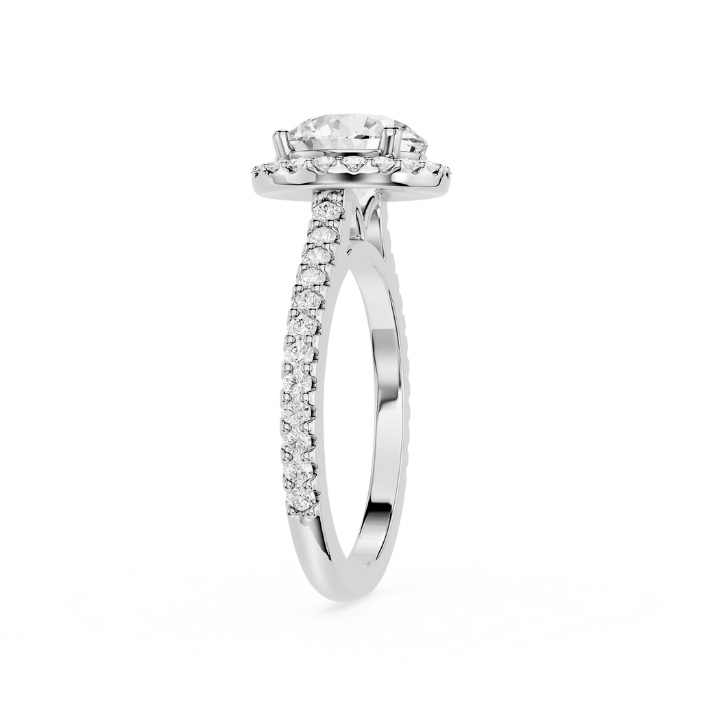 Diamond ring with a white gemstone and smaller diamonds on a white background