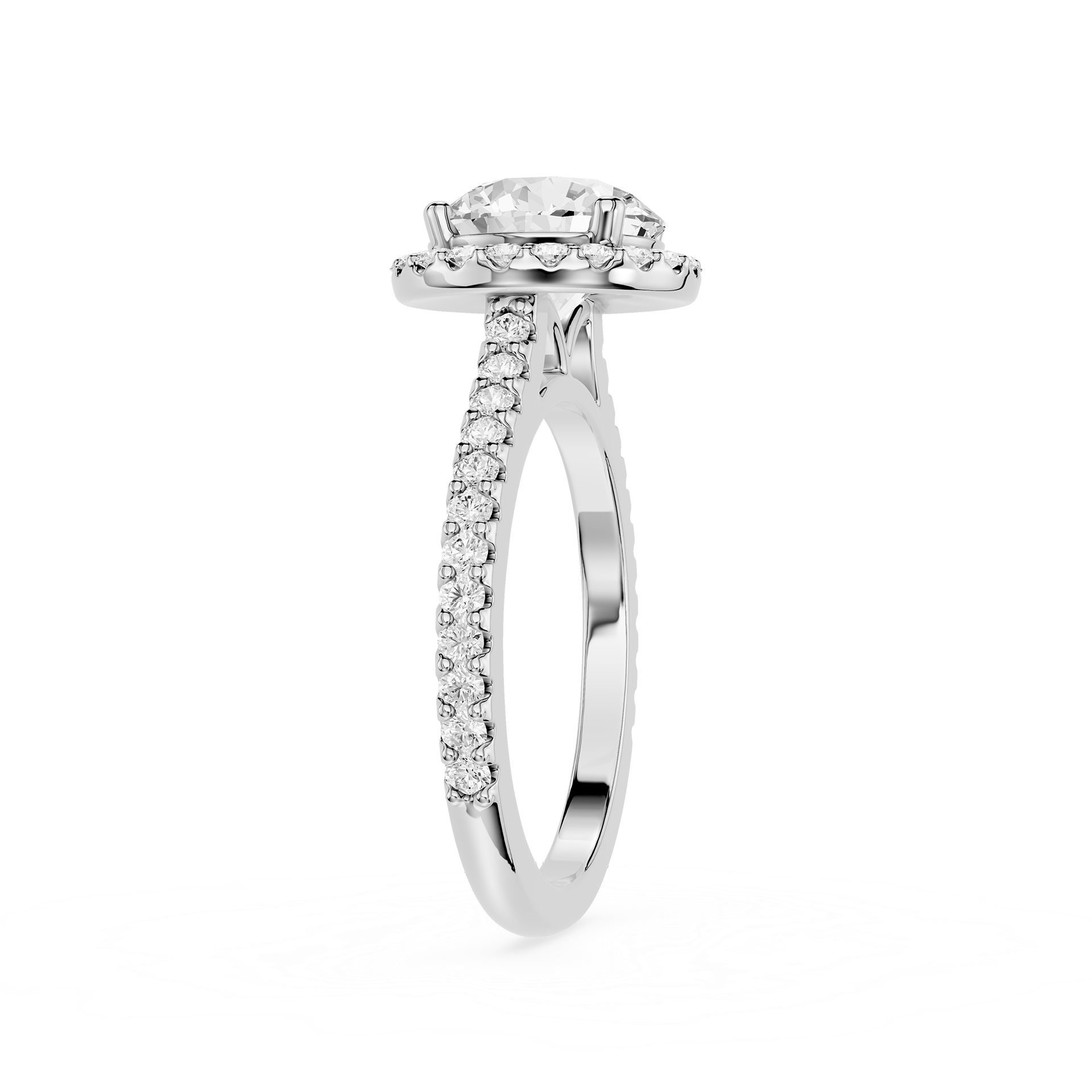 Diamond ring with a white gemstone and smaller diamonds on a white background