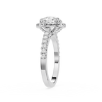 A silver-toned diamond engagement ring with a round-cut center stone, a halo of smaller diamonds, and a shank accented with pavé diamonds, shown on a clean white background.