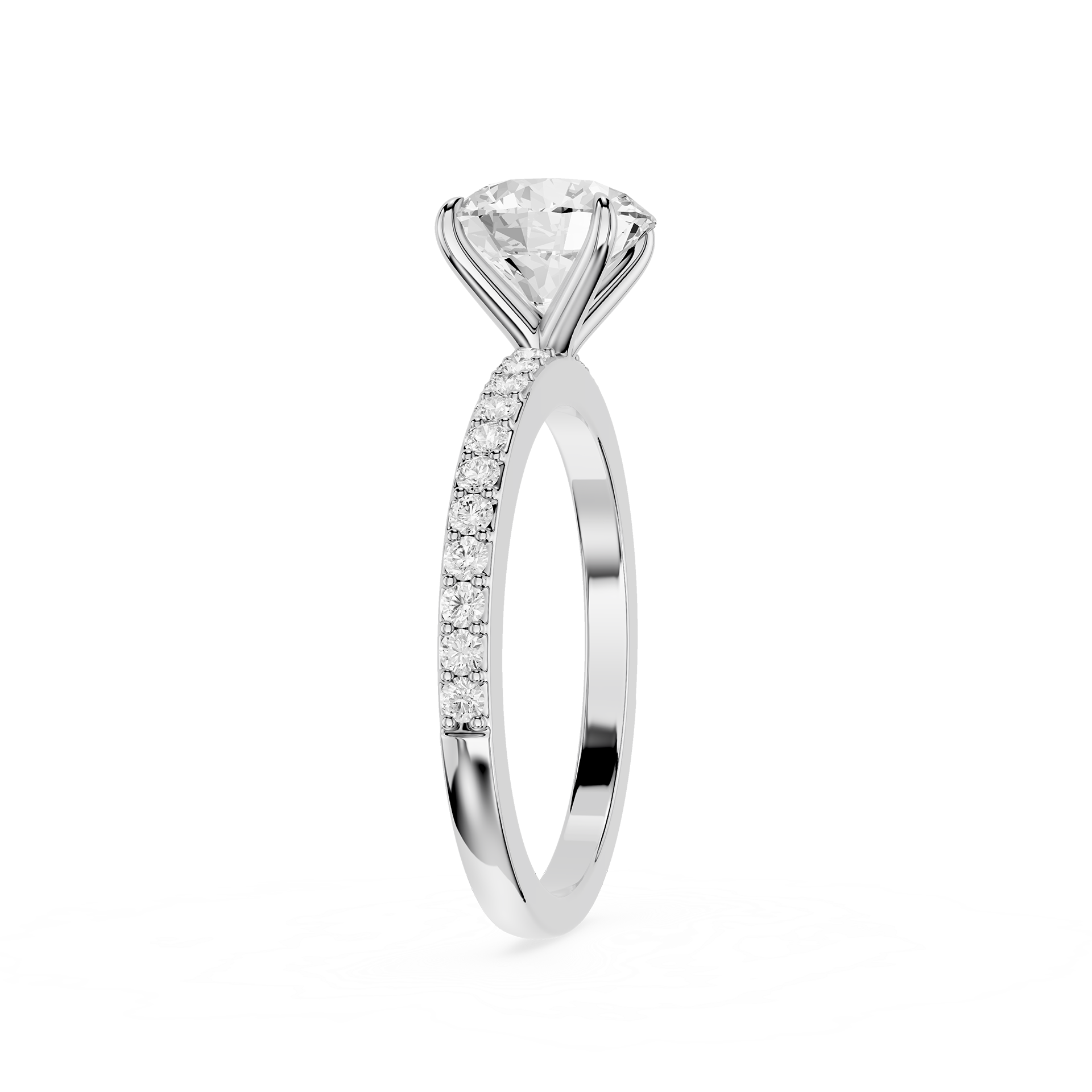 A silver-tone solitaire engagement ring featuring a round brilliant-cut diamond center stone and a pavé-set diamond band, shown on a clean white background.