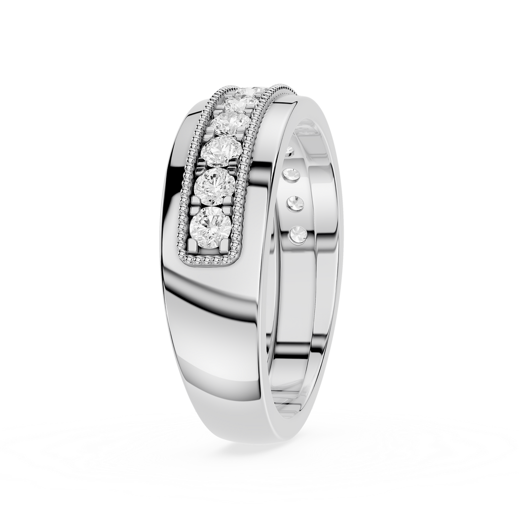 Silver ring with diamond accents on a white background