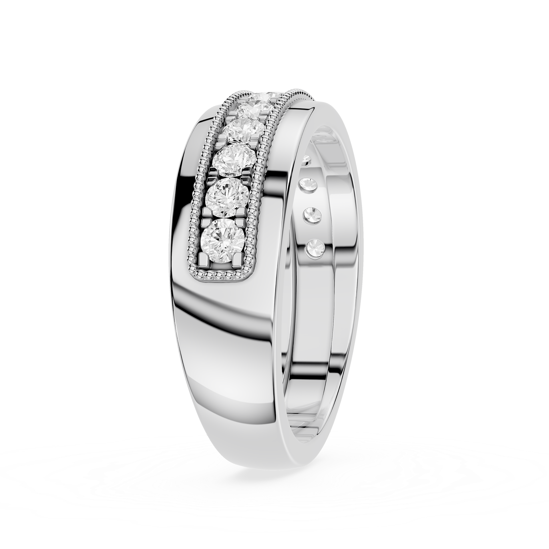 Silver ring with diamond accents on a white background
