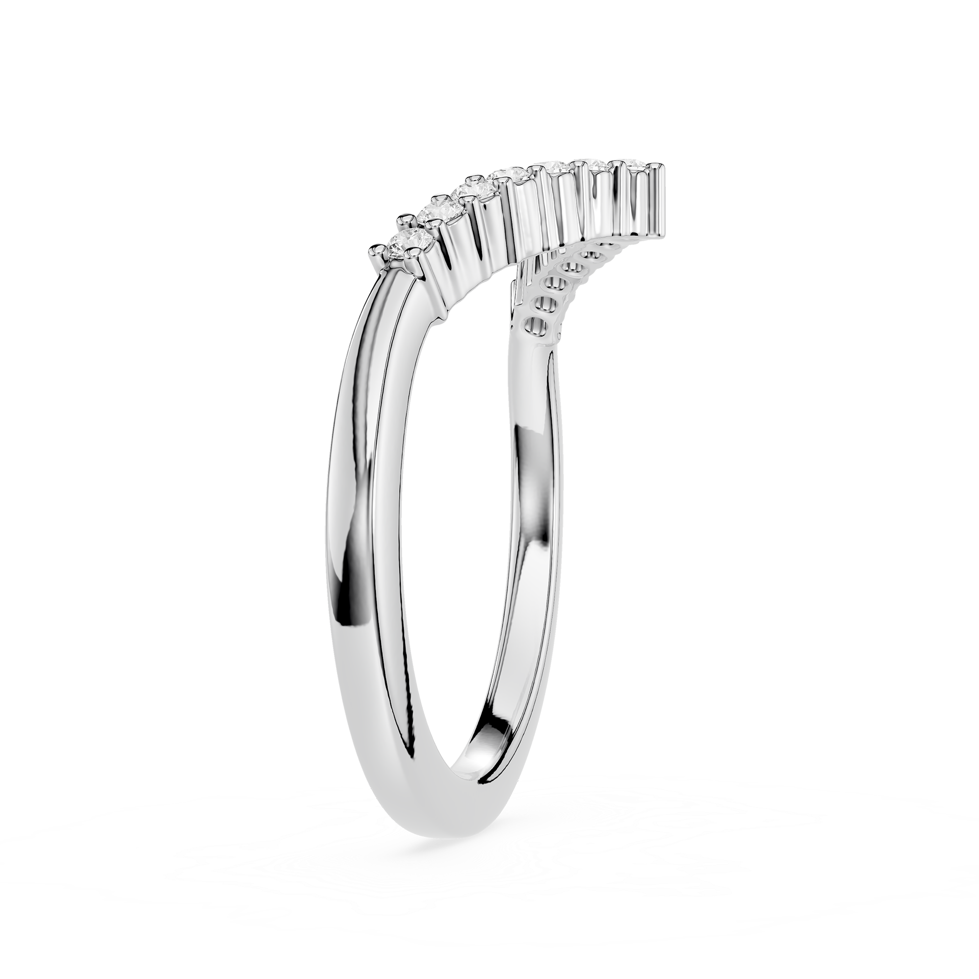 Silver ring with diamond accents on a white background