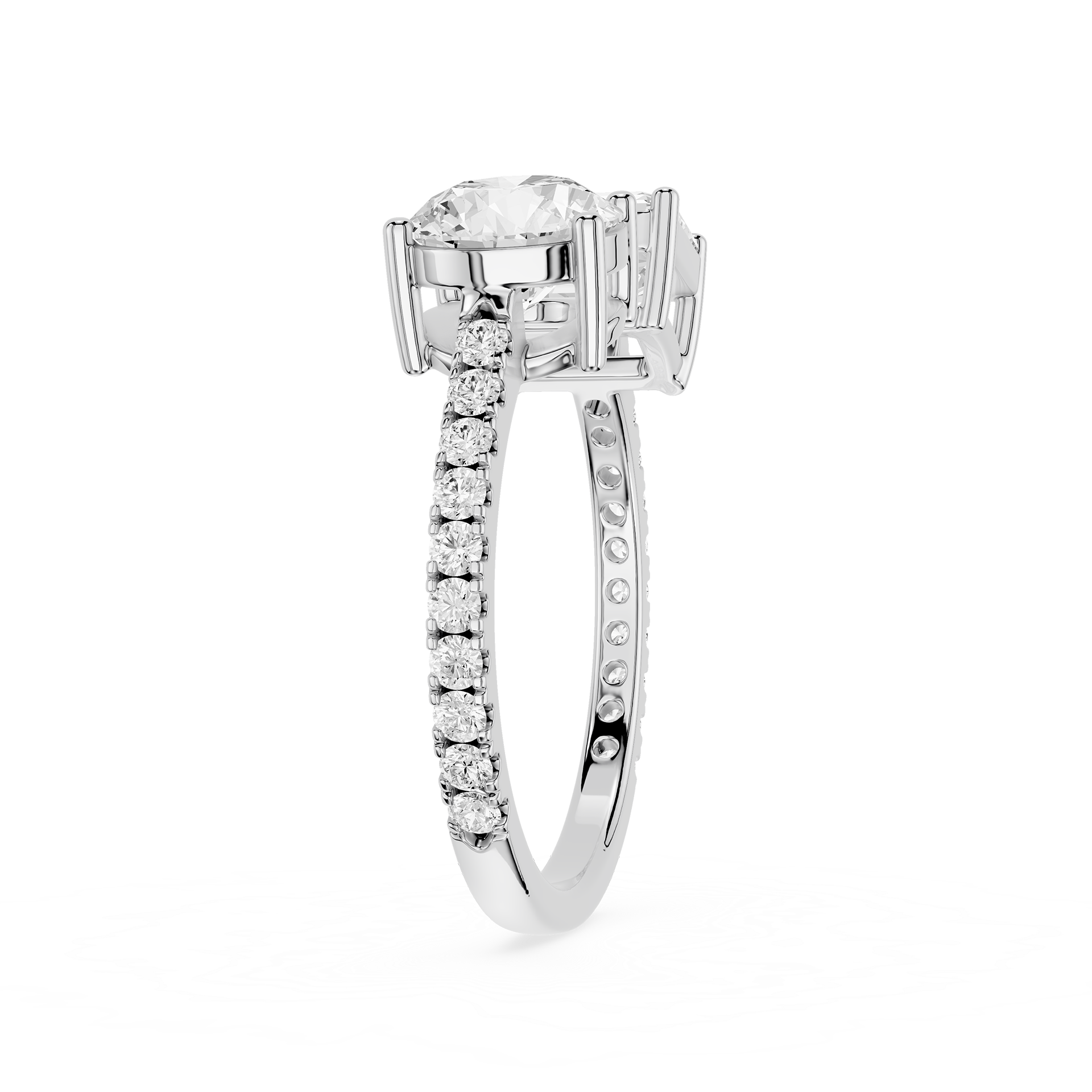 A yellow gold diamond ring with a large round-cut center stone and a pavé band set with small round diamonds, shown on a plain white background.