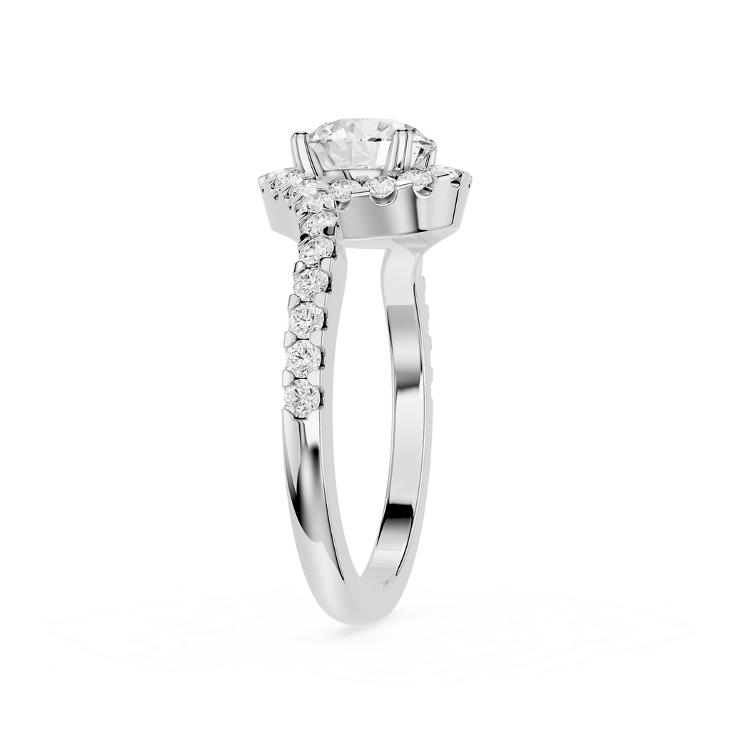 Diamond ring with a white gold band on a white background