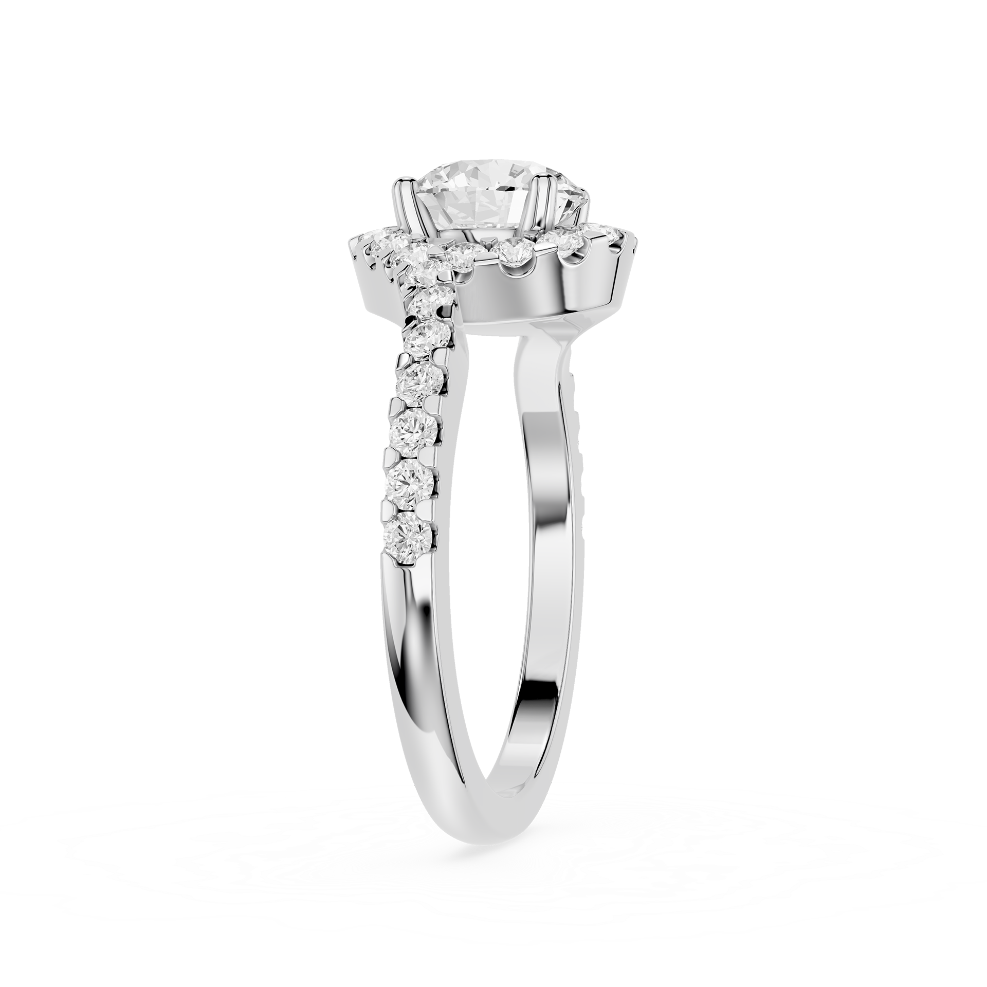 Diamond ring with a white gold band on a white background