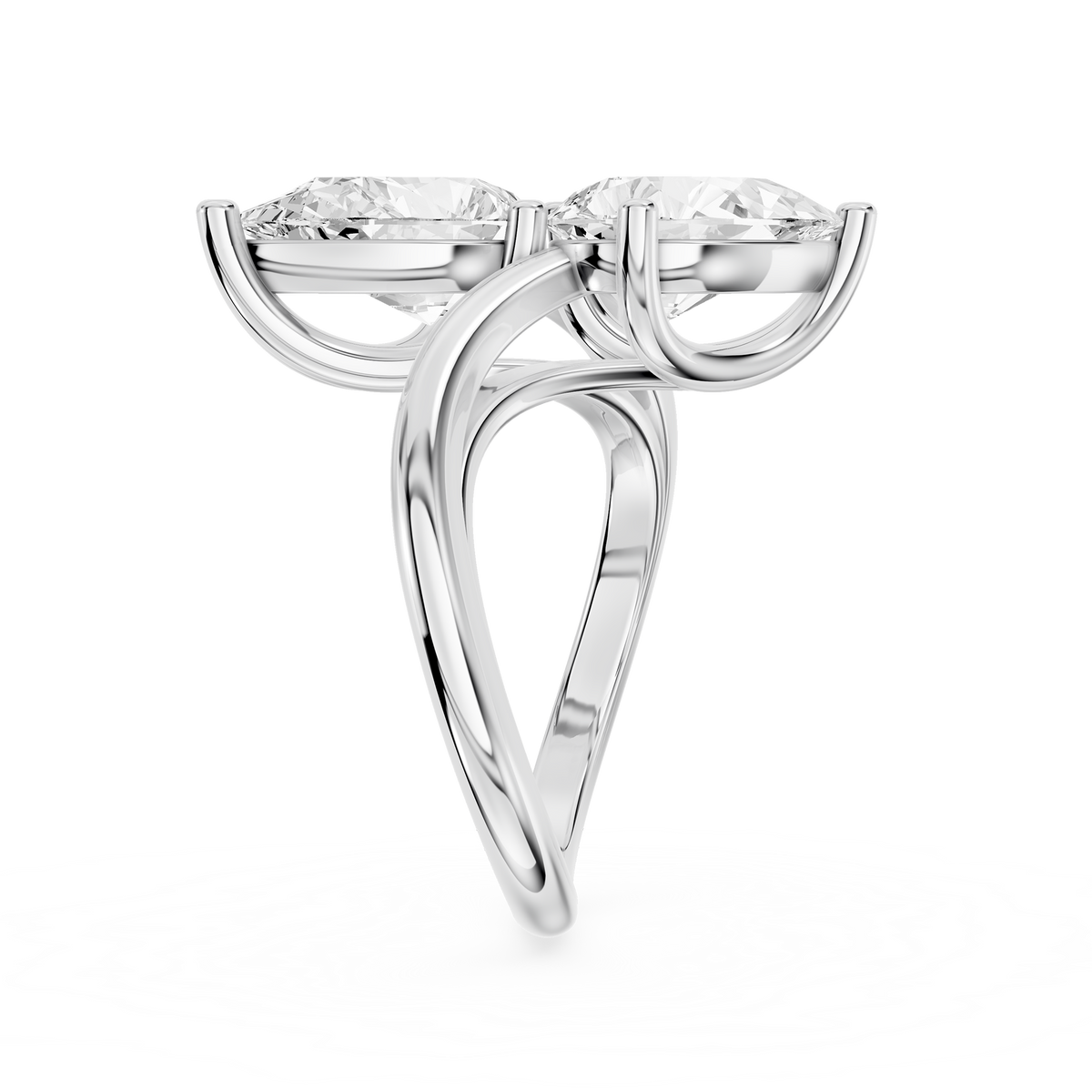 Opposite facing pear shaped diamonds form a two stone ring design on a polished white gold split shank