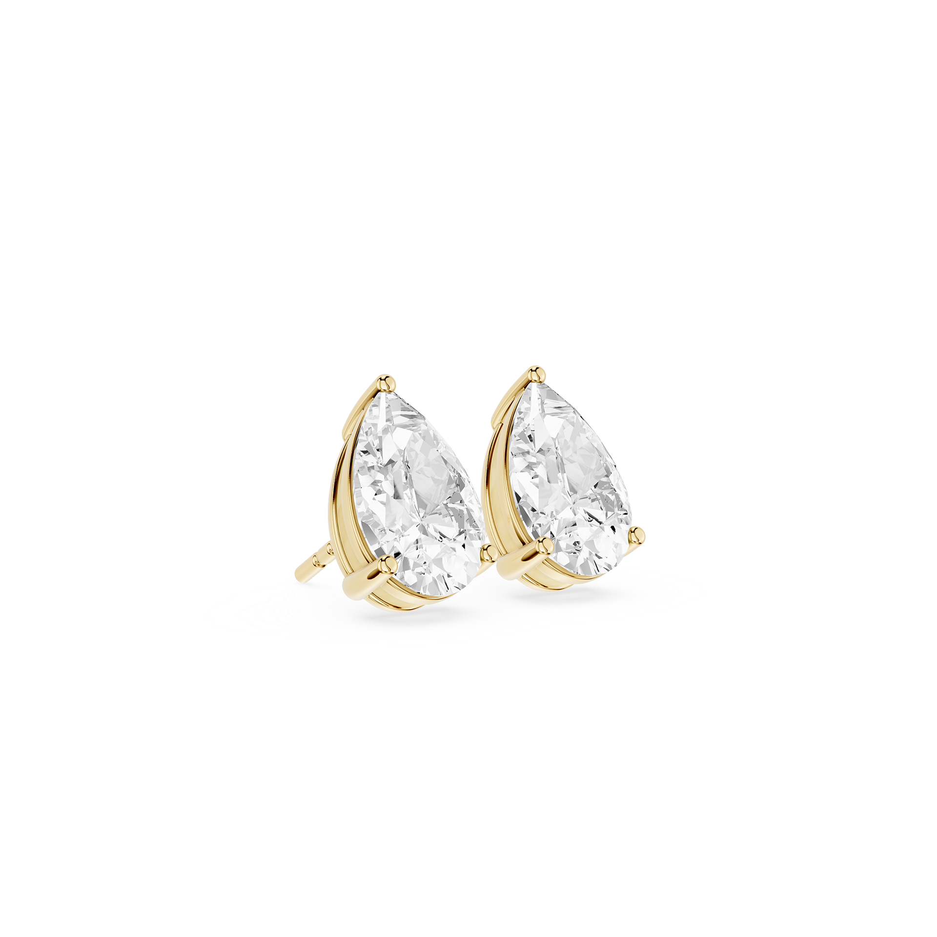 Gold teardrop earrings with clear gemstones on a white background
