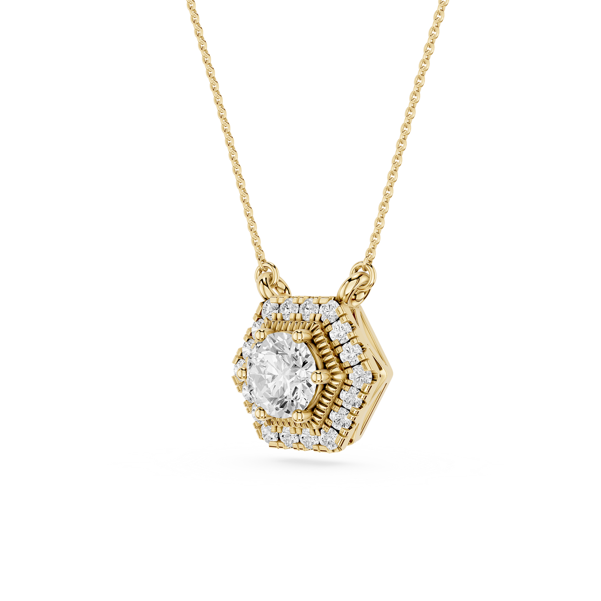 Gold necklace with a hexagonal diamond pendant on a white  background