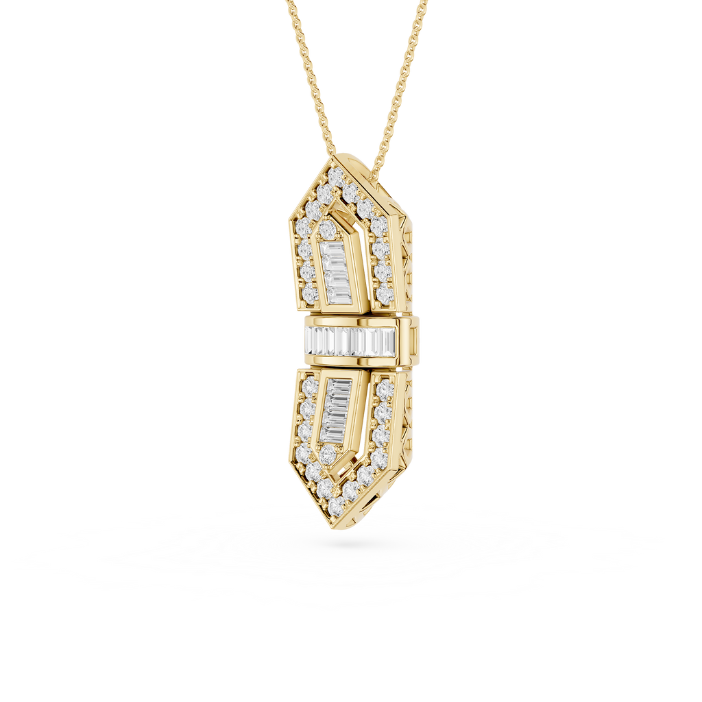 Gold pendant necklace with diamond accents on a white background