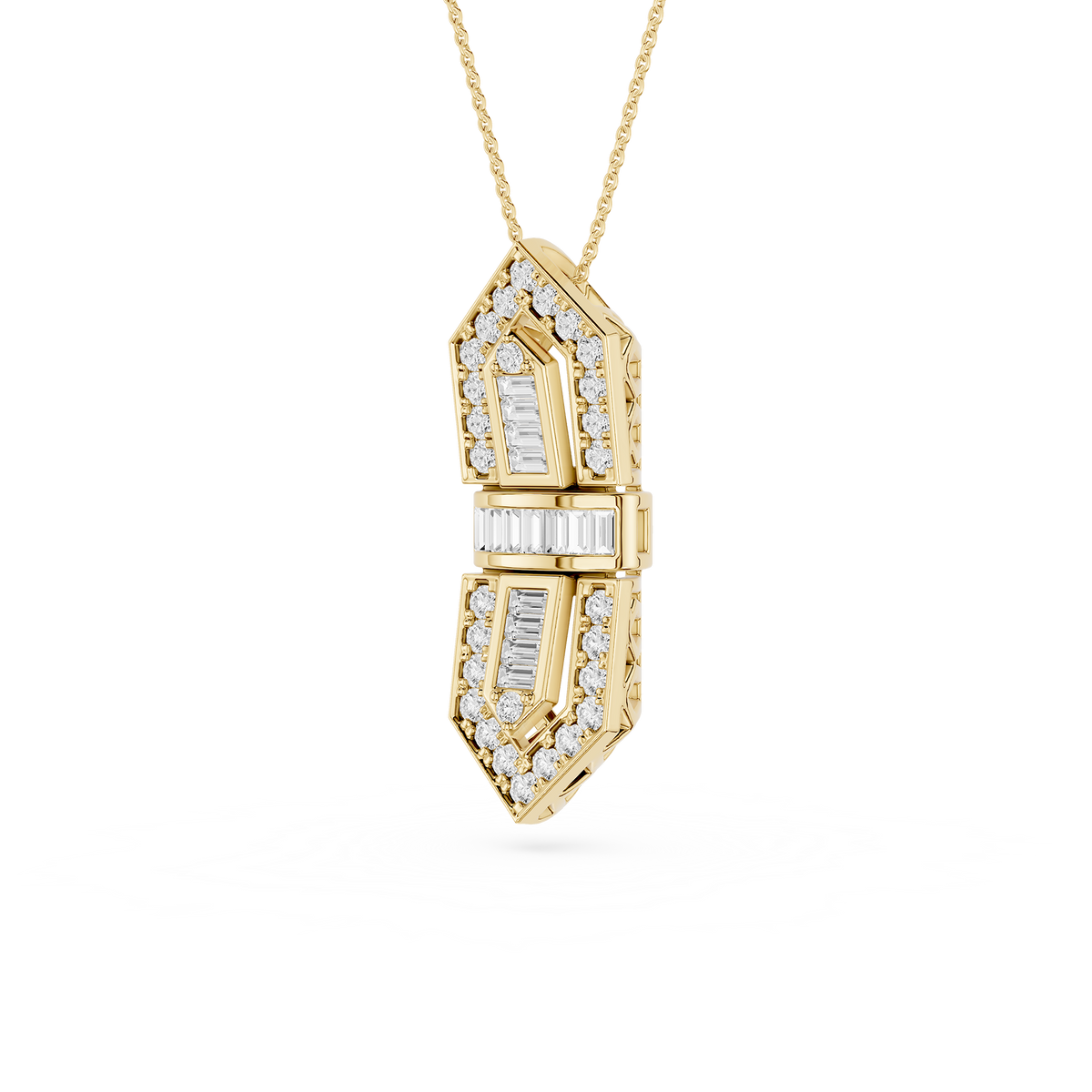 Gold pendant necklace with diamond accents on a white background