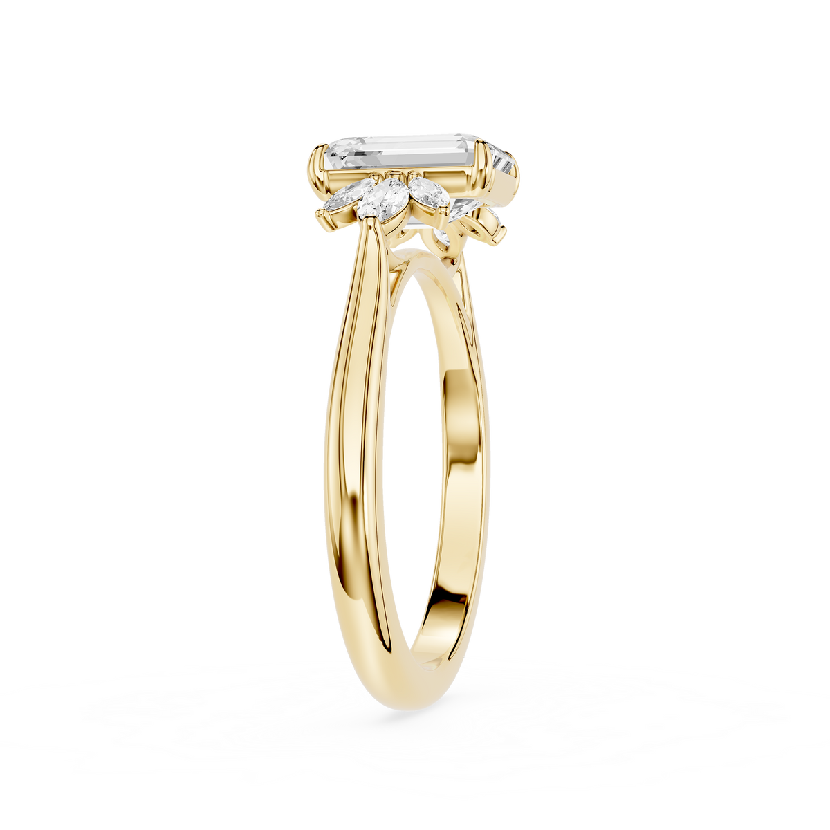 Emerald Cut Solitaire Ring in Yellow Gold, Lab Grown Diamond Center Stone, Marquise Diamond Shoulders, Nature Inspired Bridal Ring, Wedding Jewelry, Anniversary Gift