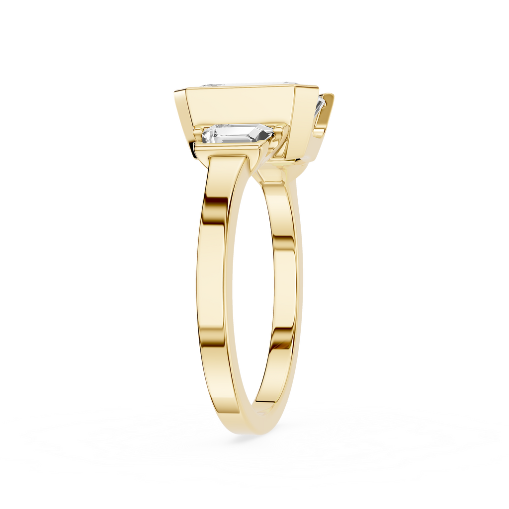 Side View Of Yellow Gold Emerald Cut Lab Diamond Semi Bezel Trio Engagement Ring