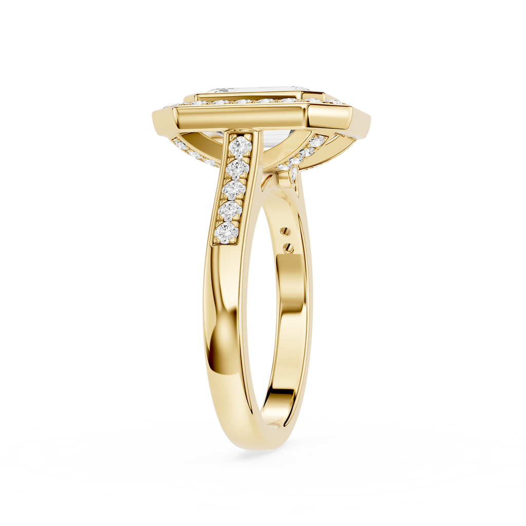 Gold ring with diamond accents on a white background