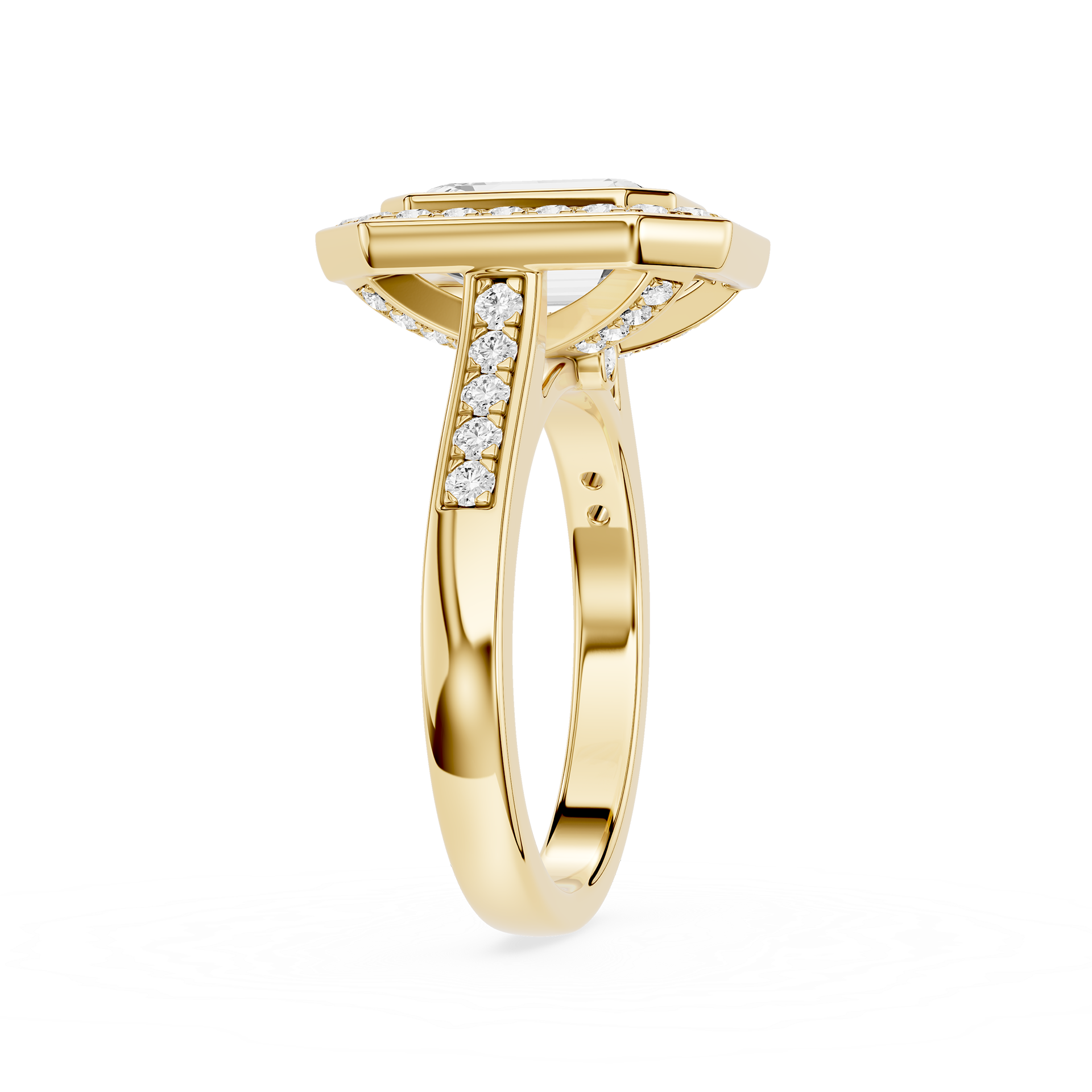 Gold ring with diamond accents on a white background