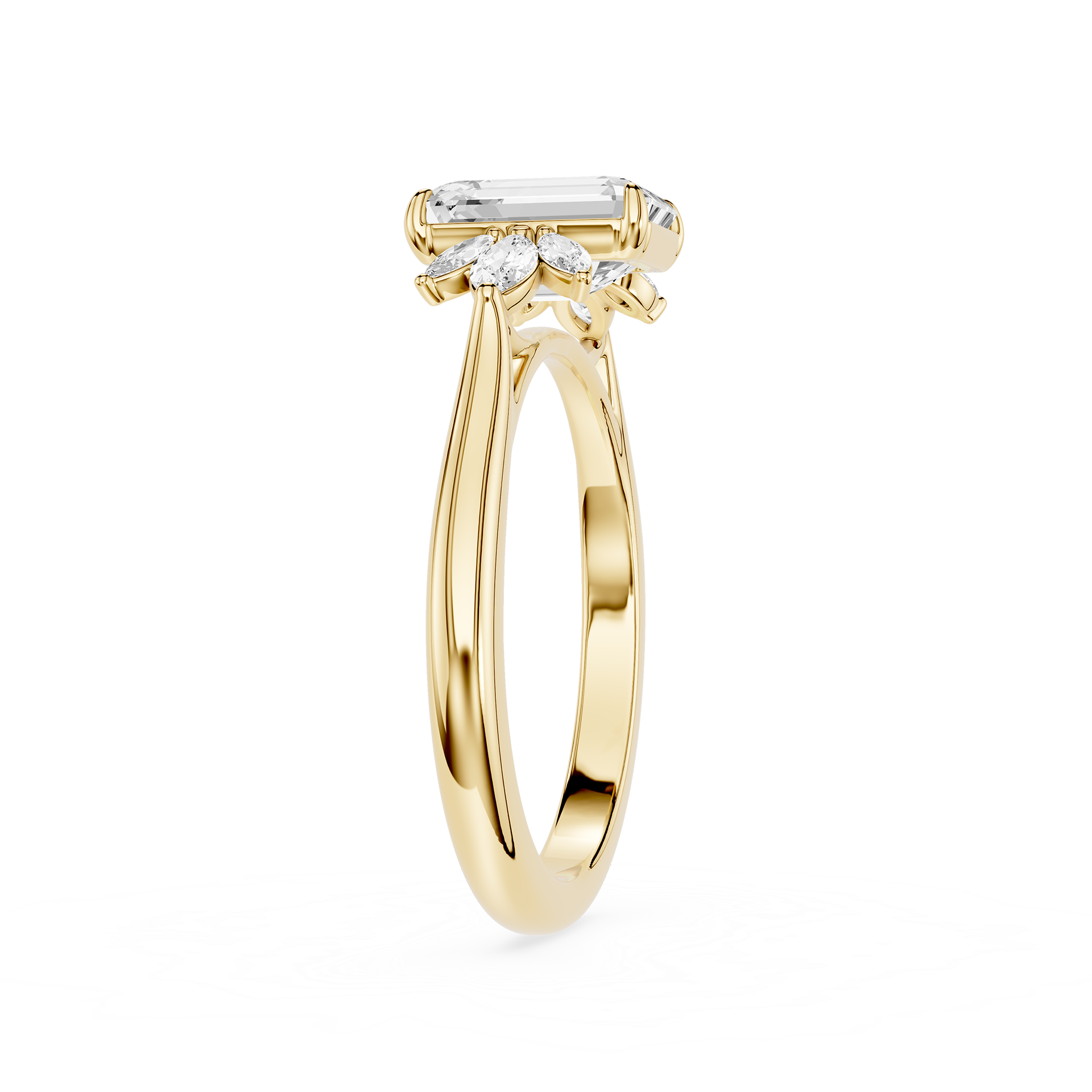 A yellow gold ring featuring a baguette-cut clear center stone and three marquise-cut side stones, shown on a plain white background.
