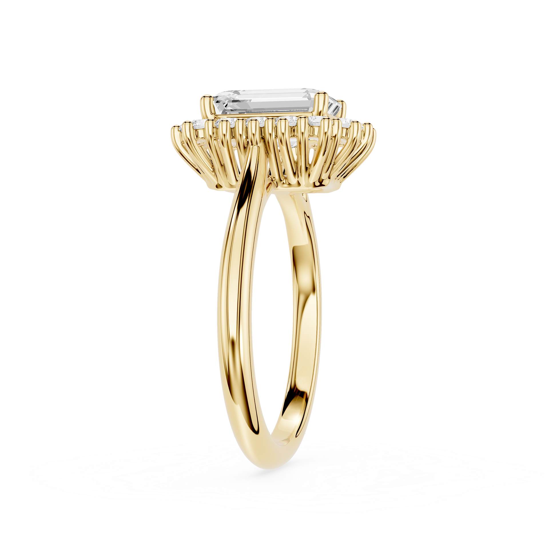 A rose gold halo ring featuring a rectangular baguette-cut clear gemstone, displayed on a clean white background.