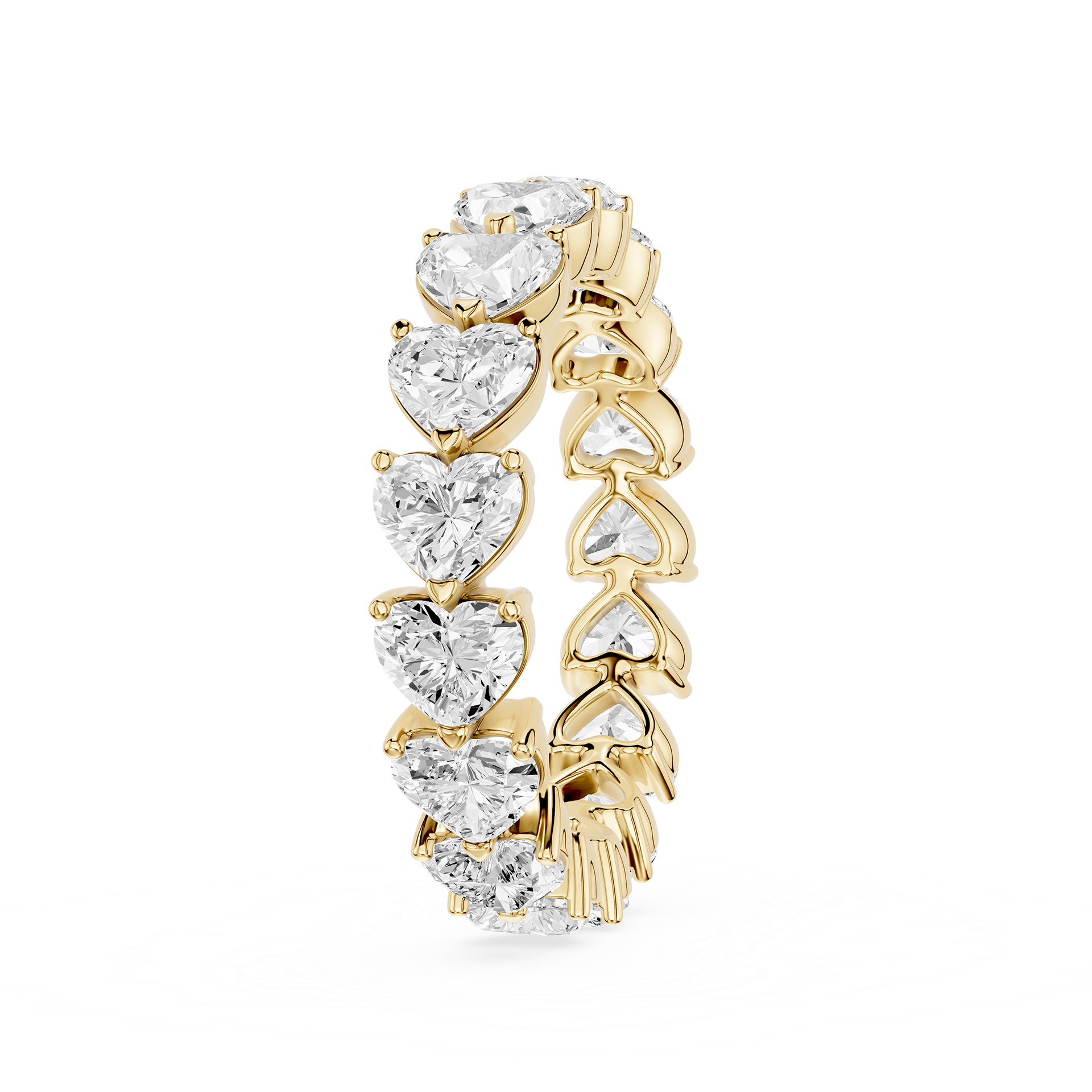 Gold earring with heart-shaped diamonds on a white background