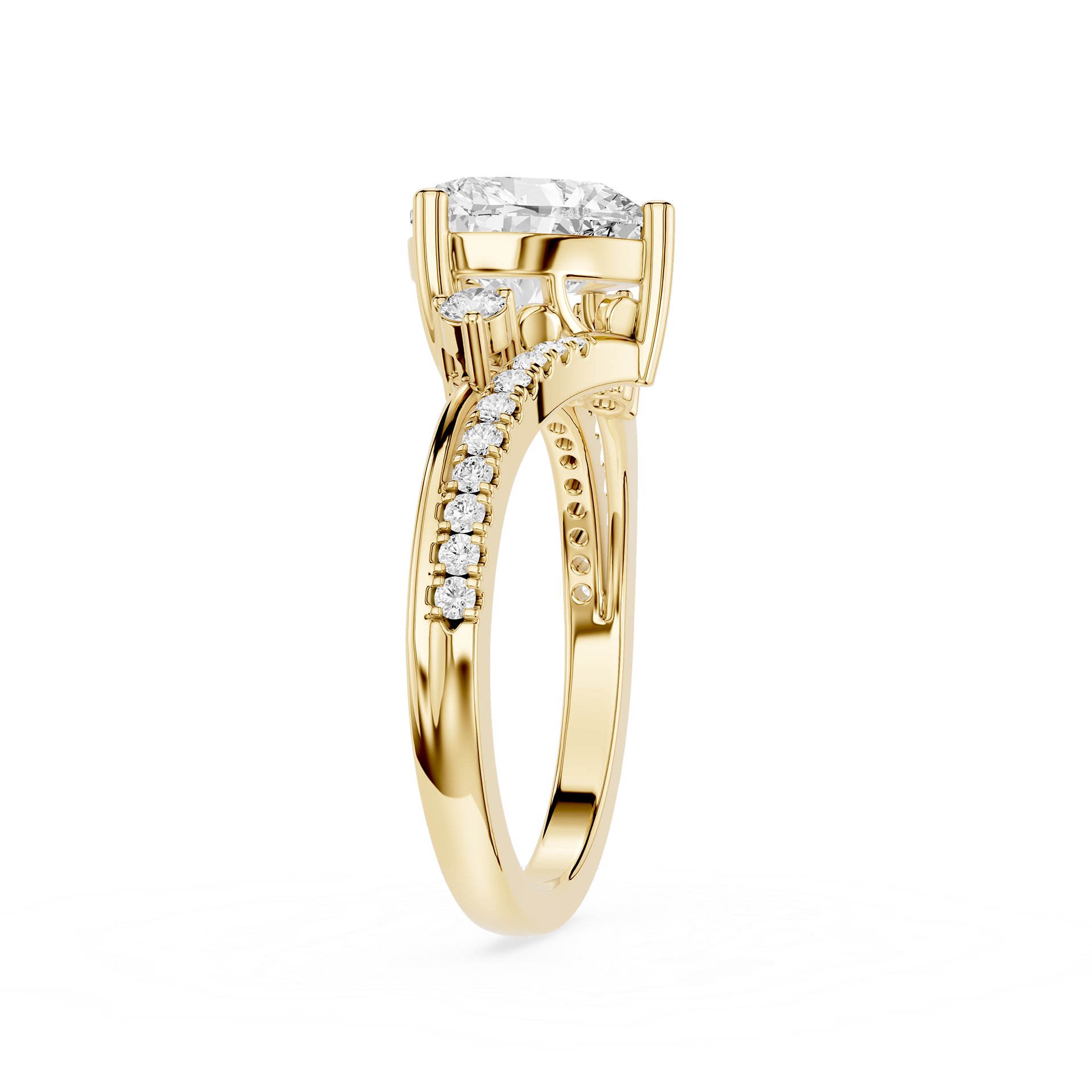 A yellow gold engagement ring featuring a round brilliant-cut center stone and a pavé-set row of small diamonds along the shank, shown on a clean white background.