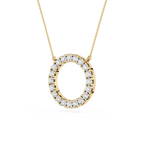 Gold necklace with a round diamond pendant on a white background
