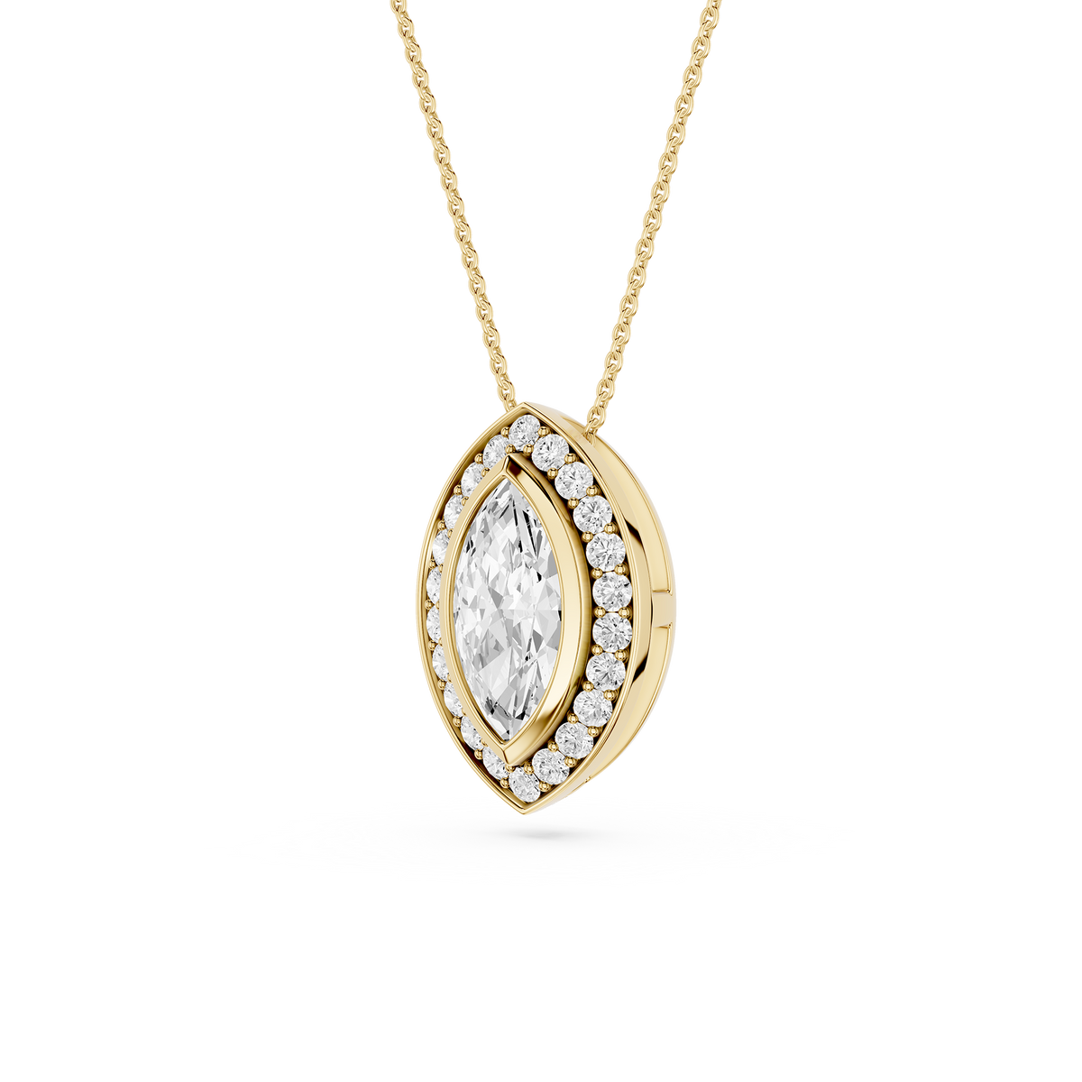 Side View Of Yellow Gold Marquise Cut Eye Style Lab Grown Diamond Halo Pendant
| mvp:YG:003