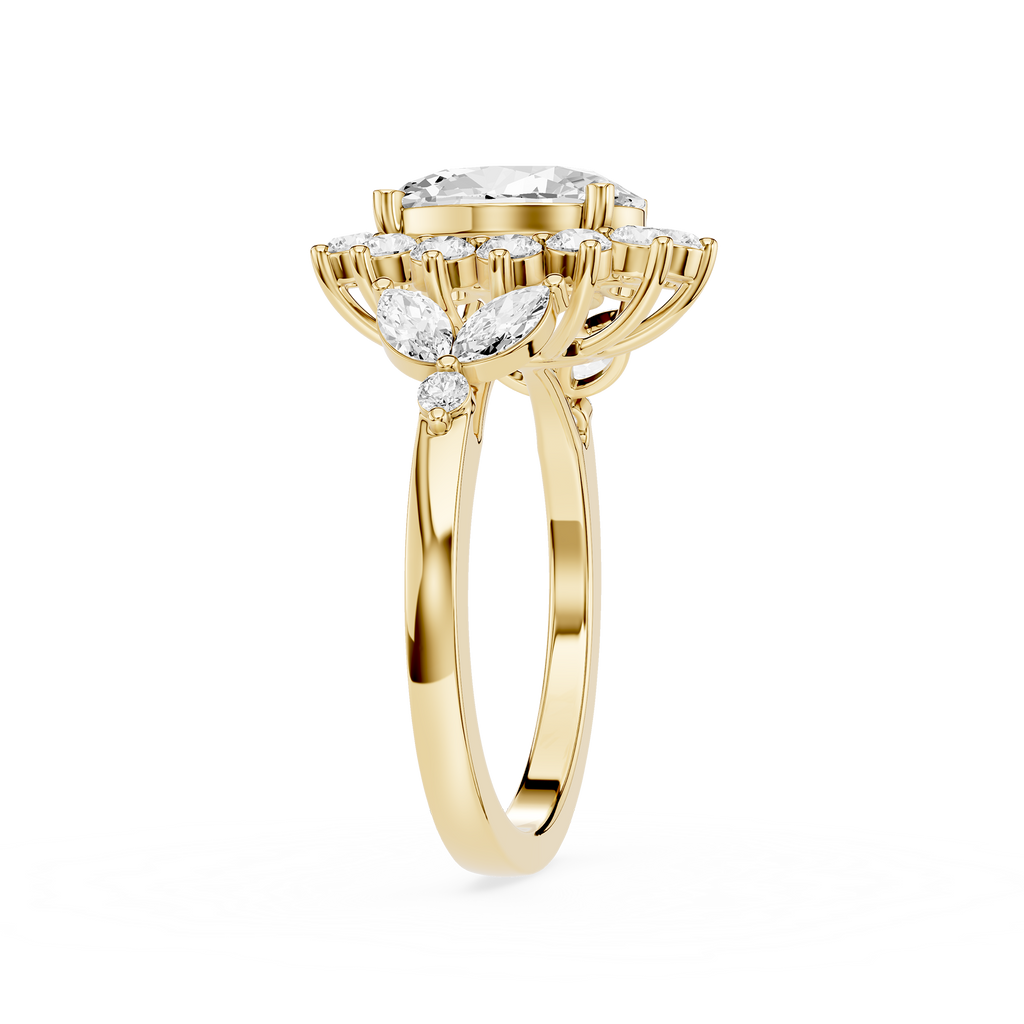 A yellow gold ring with a large round-cut center stone and a surrounding halo of smaller marquise-cut stones, shown on a plain white background.