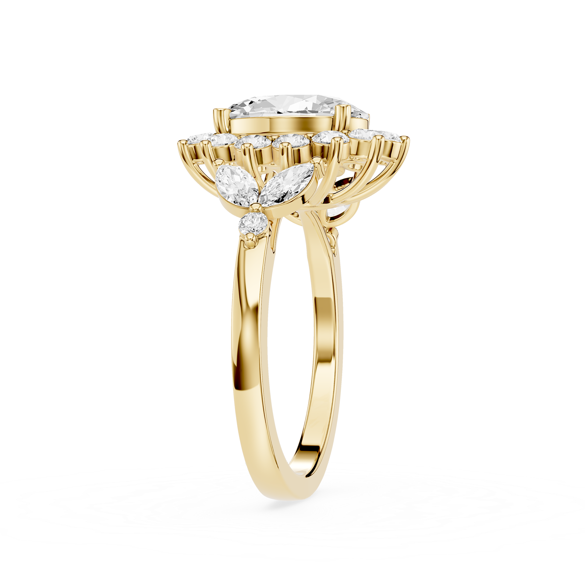 A yellow gold ring with a large round-cut center stone and a surrounding halo of smaller marquise-cut stones, shown on a plain white background.