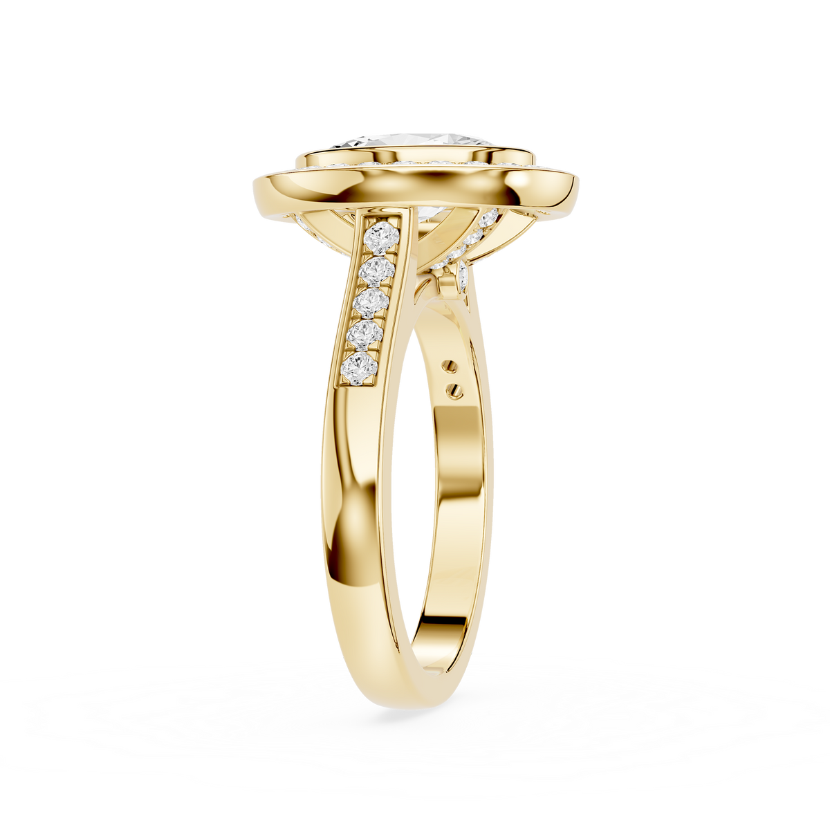 Yellow Gold Oval Cut Lab Grown Diamond Halo Bezel Engagement Ring