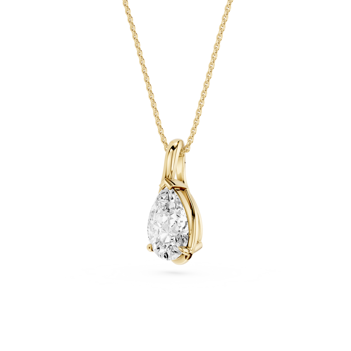 Gold necklace with a pear-shaped diamond pendant on a white background