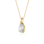 Gold necklace with a pear-shaped diamond pendant on a white background