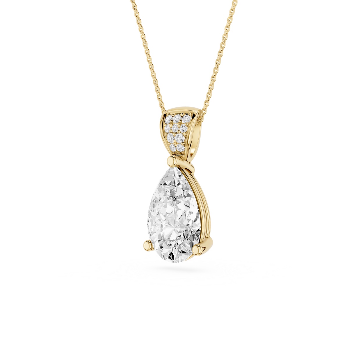 Gold necklace with a teardrop-shaped diamond pendant on a white background