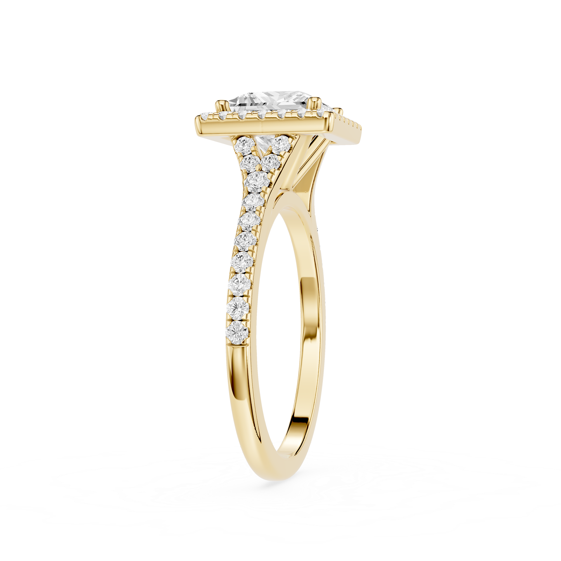 Gold ring with a diamond on a white background