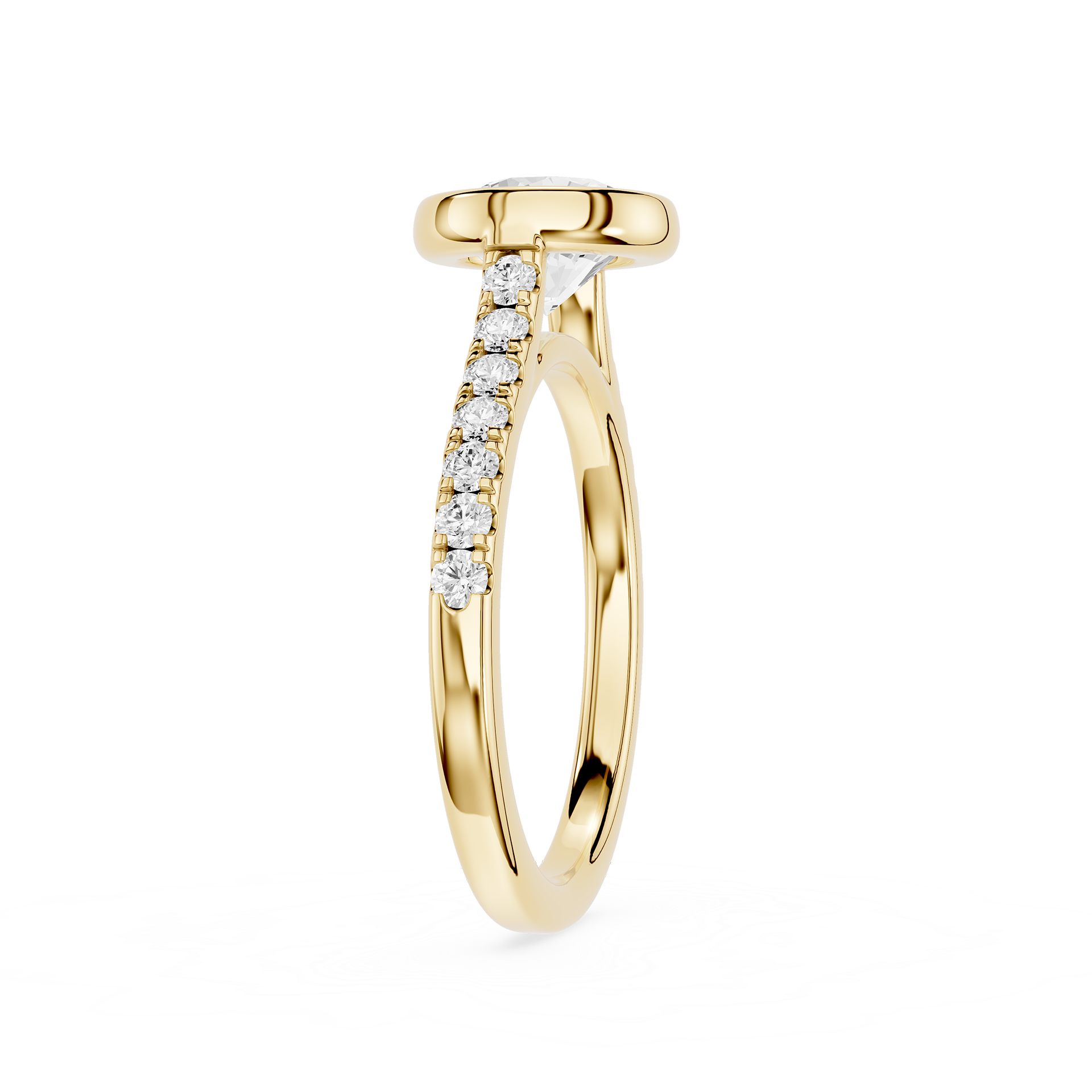 A yellow gold ring with a pavé diamond shank, featuring a round bezel-set top and a curved row of clear diamonds on the band, shown against a plain white background.