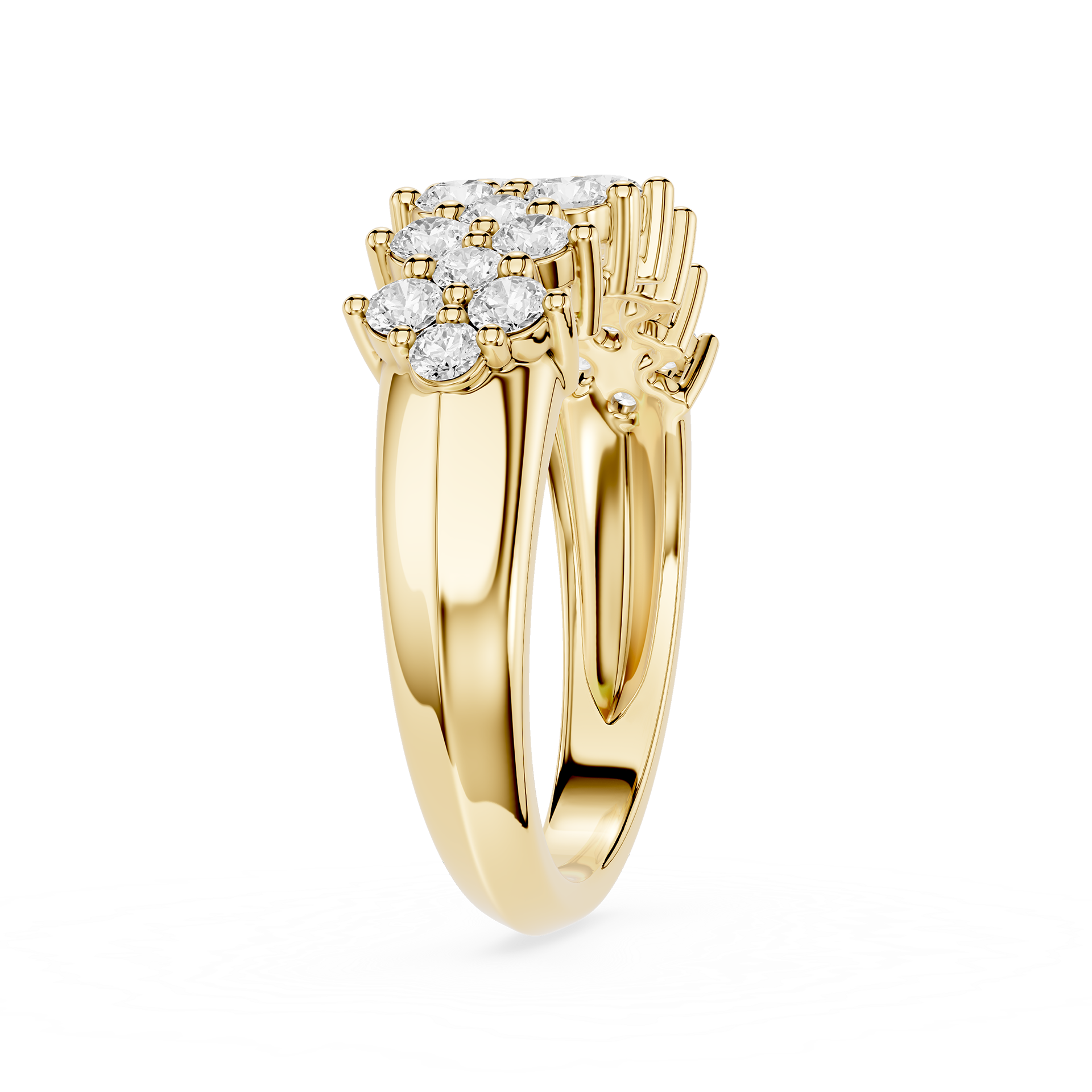 A Yellow-toned split-shank ring with a prominent cluster of round-cut diamonds at the top, shown on a clean white background.