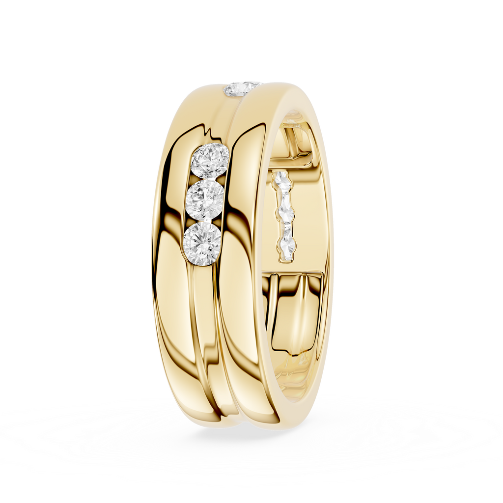 Side View Of Yellow Gold Round Cut Lab Grown Diamond Flush Set Men’s Wedding Band