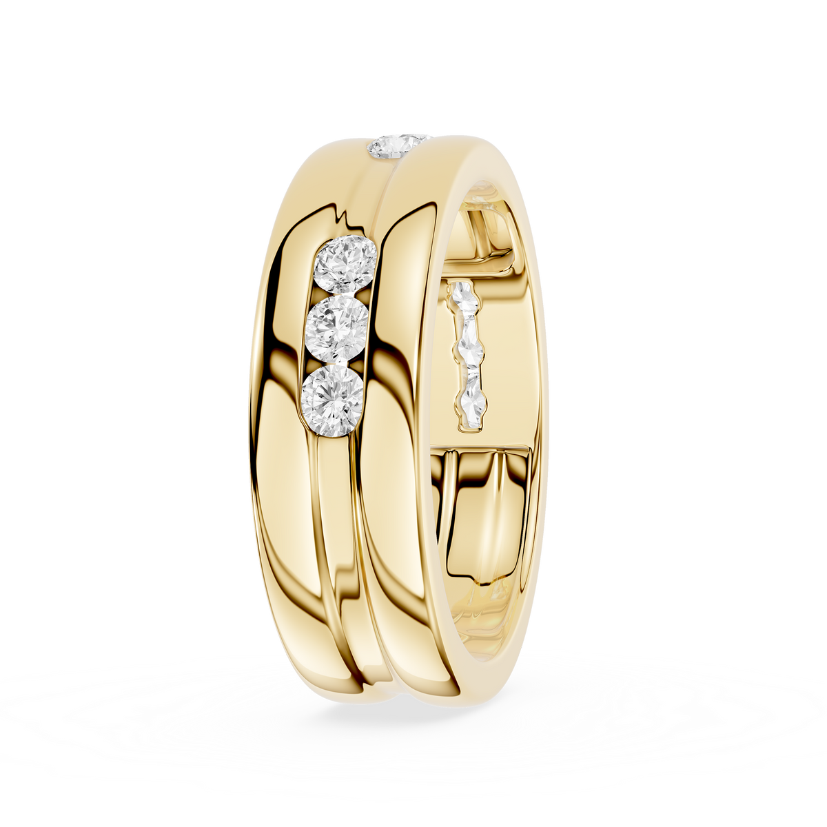 Side View Of Yellow Gold Round Cut Lab Grown Diamond Flush Set Men’s Wedding Band