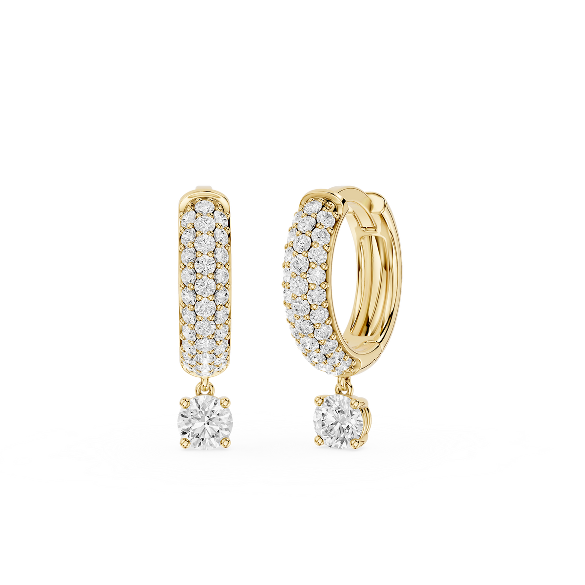 Gold hoop earrings with diamond accents on a white background