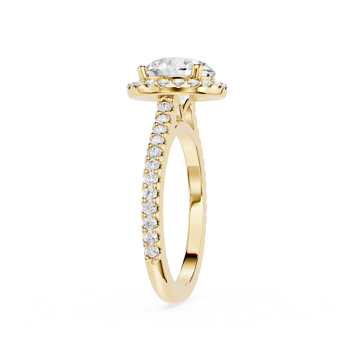 Side View Of Round Cut Lab Grown Diamond Petite Halo Engagement Ring