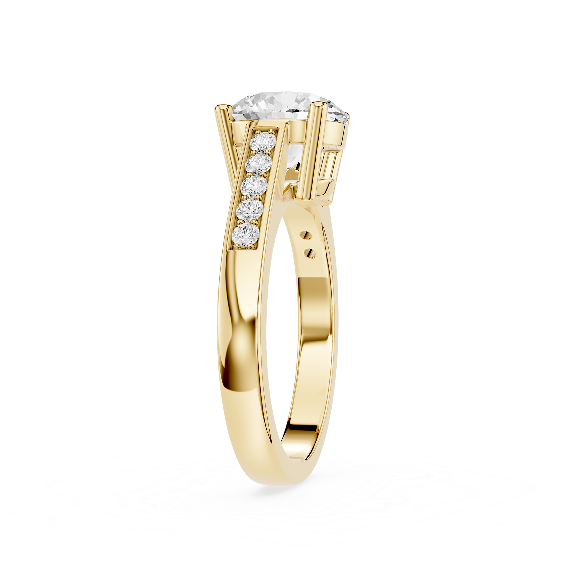 A yellow gold ring featuring a round-cut diamond center stone and a pavé row of smaller round diamonds on the shank, shown against a plain white background.