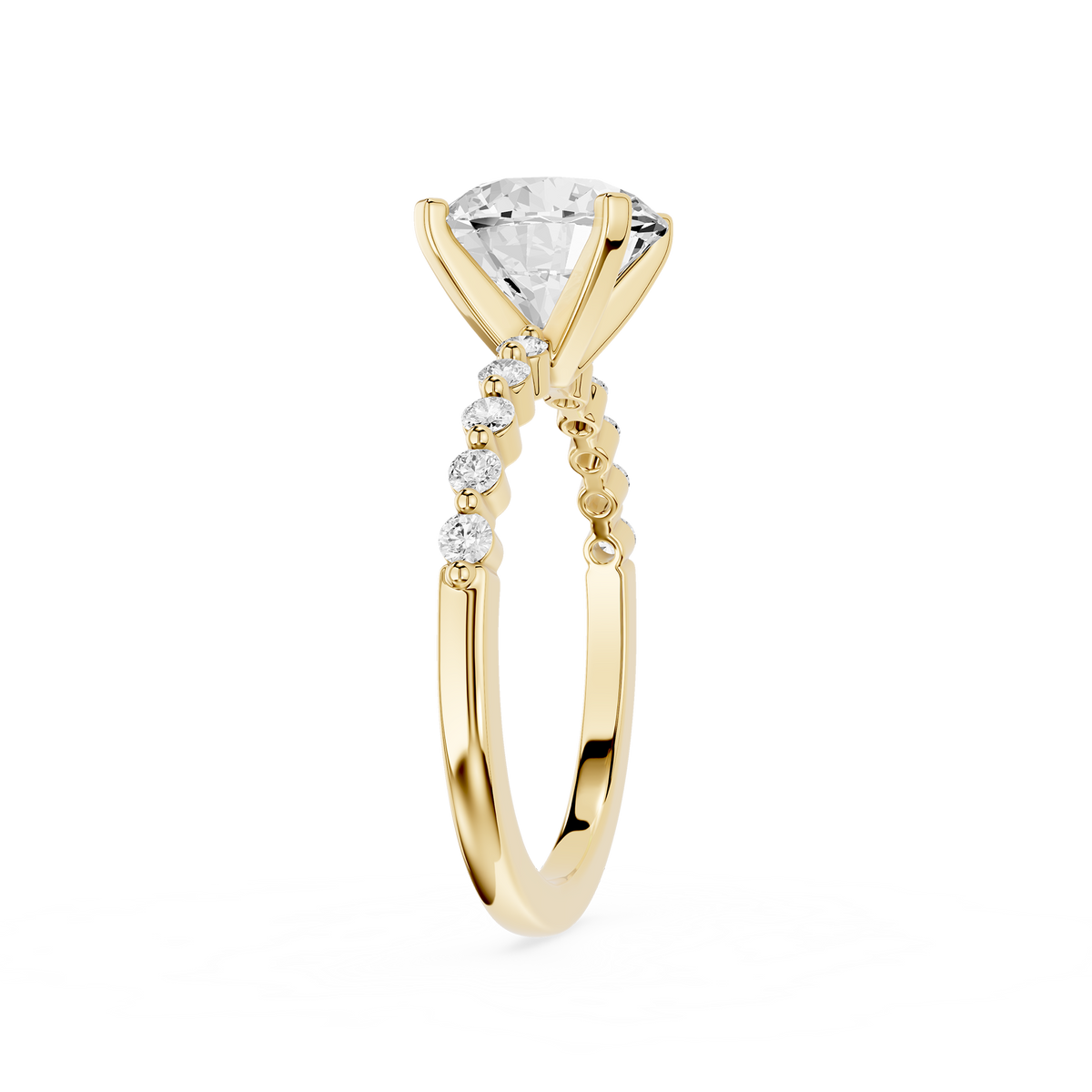 Yellow Gold Solitaire Engagement Ring Featuring a Round Lab Created Diamond with Graduated Side Stone Detail