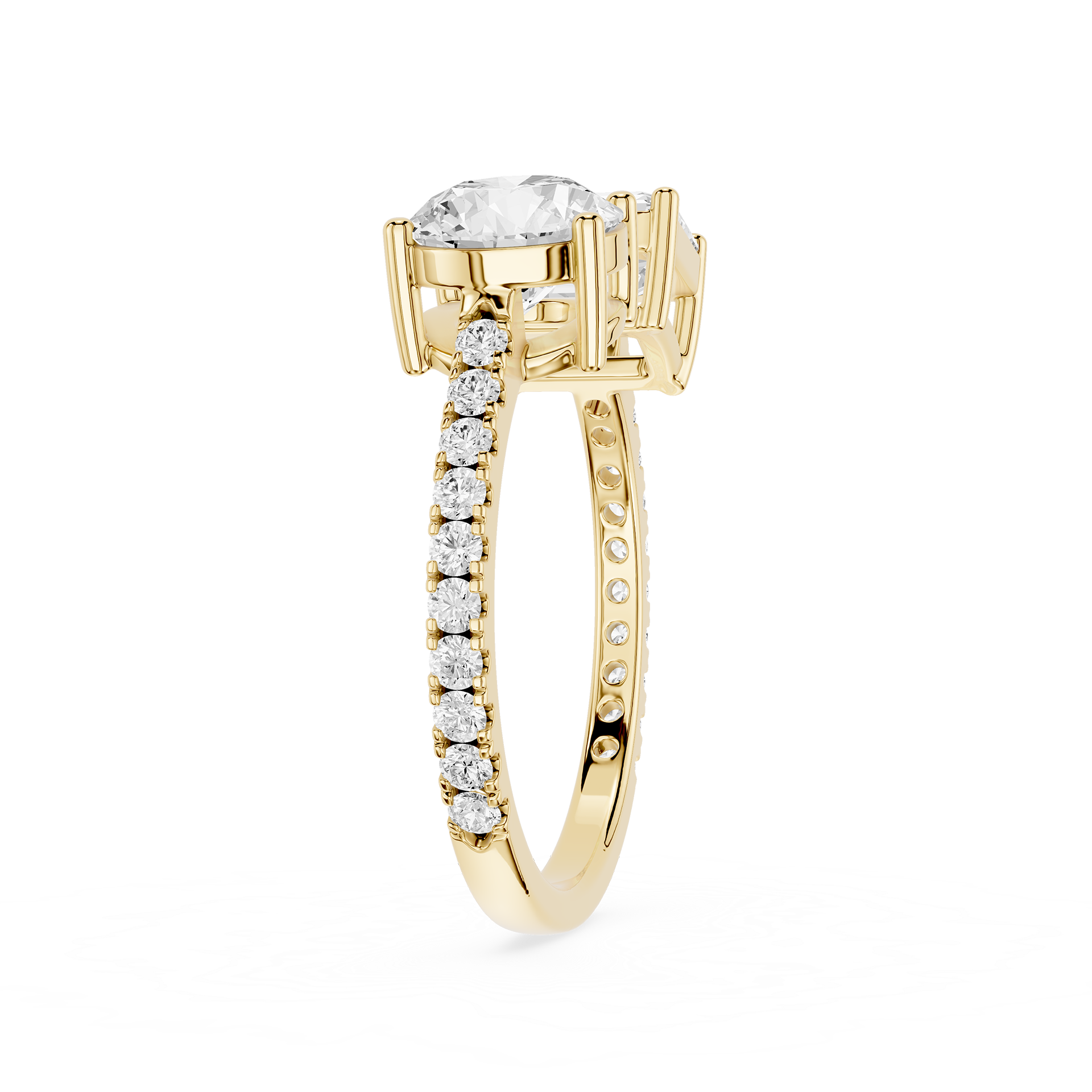 A yellow gold diamond ring with a large round-cut center stone and a pavé band set with small round diamonds, shown on a plain white background.